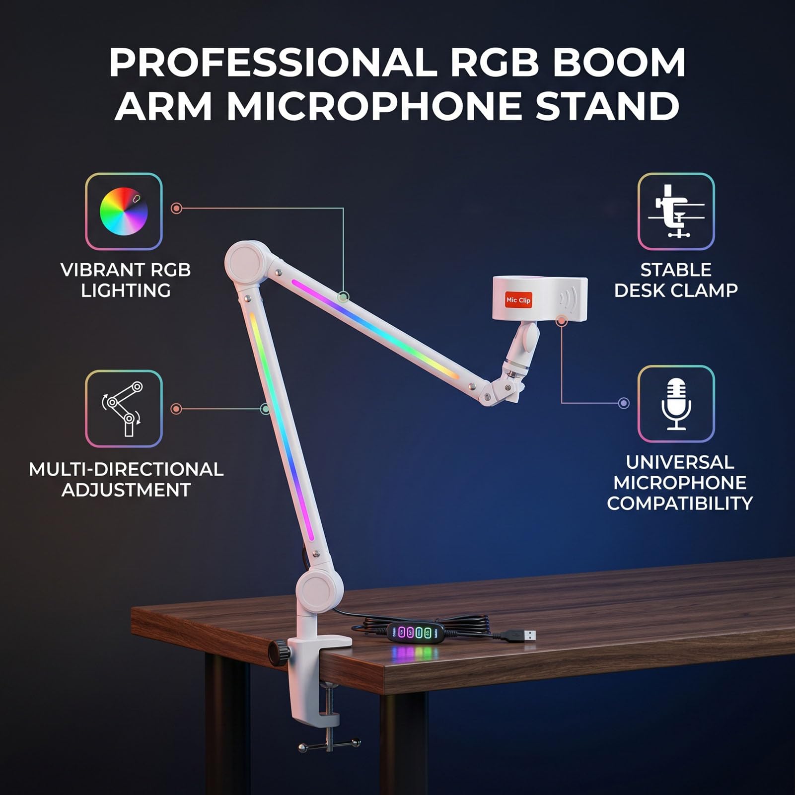 Jectse Soporte de Micrófono con Brazo Articulado RGB con 22 Modos de Color Rotación de Pivote de 360° Ajustable de 180° con Adaptador de 3/8 a 5/8 para Transmisión de Grabación de Estudio