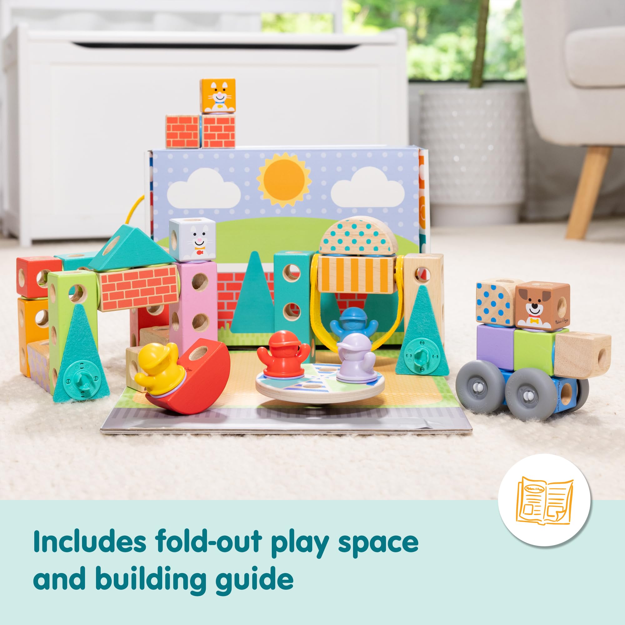 Melissa & Doug Blokowane do gniazda, miasto, drewniane klocki do montażu i mieszania, dla małych dzieci (73 sztuki)