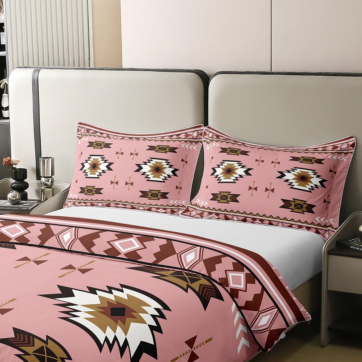 Bohemian Geometric 100 Percent Cotton Duvet Cover,Indian Theme Aztec Bedding Set,Ethnic Tribal Arrow Comforter Cover,Western Country Style Bed Sets with 1 Pillowcase Single Bedroom Decor,Pink - Image 4
