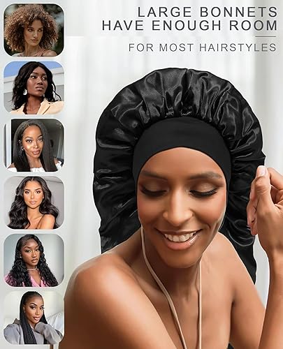 Miniatura 4 de AWAYTR Gorro largo de satén para mujer, gorro de seda de 2 capas para trenzas, gorro de dormir elástico con gorro de noche de banda ancha (negro)