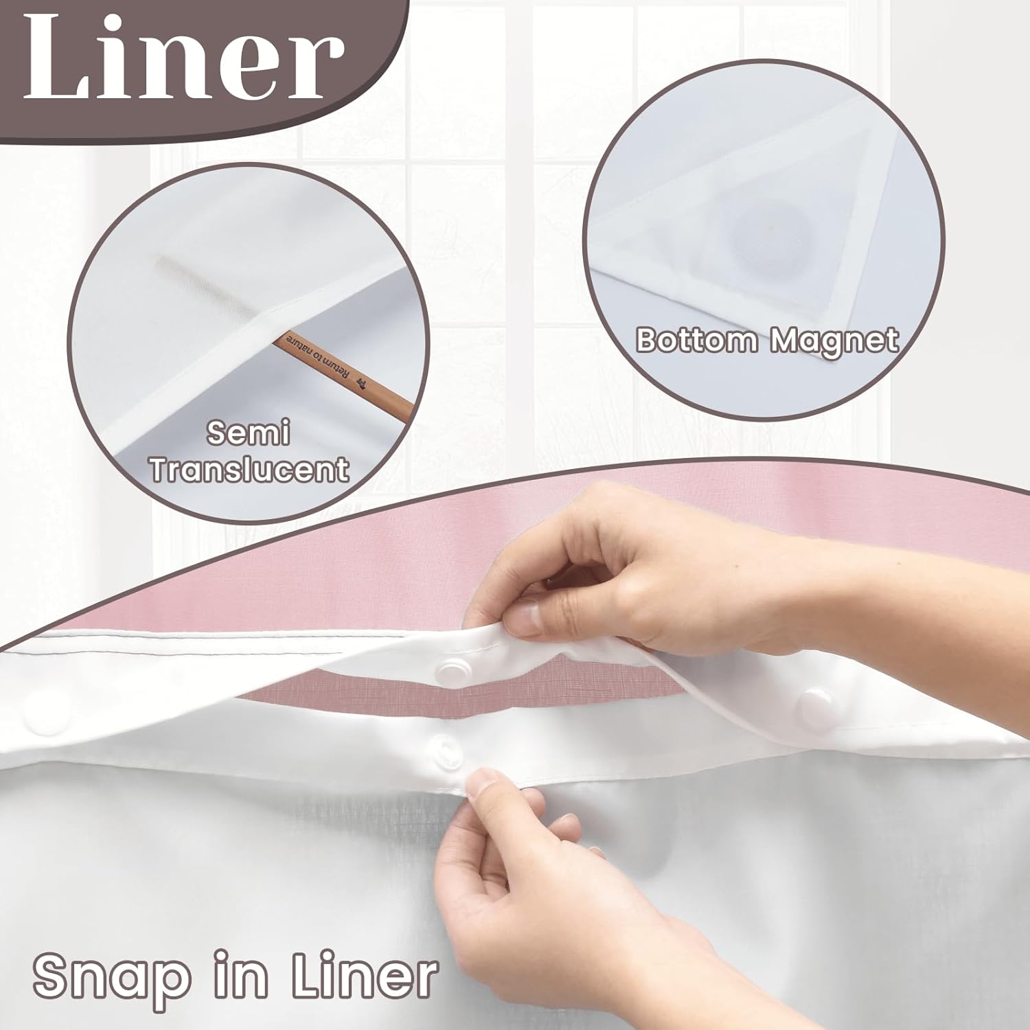 SORTTO No Hook Slub Textured Shower Curtain with Snap in Liner - Pink Fabric Outer Curtain & Waterproof Inner Liner, Hotel Style with See Through Top Window, 71x74 in