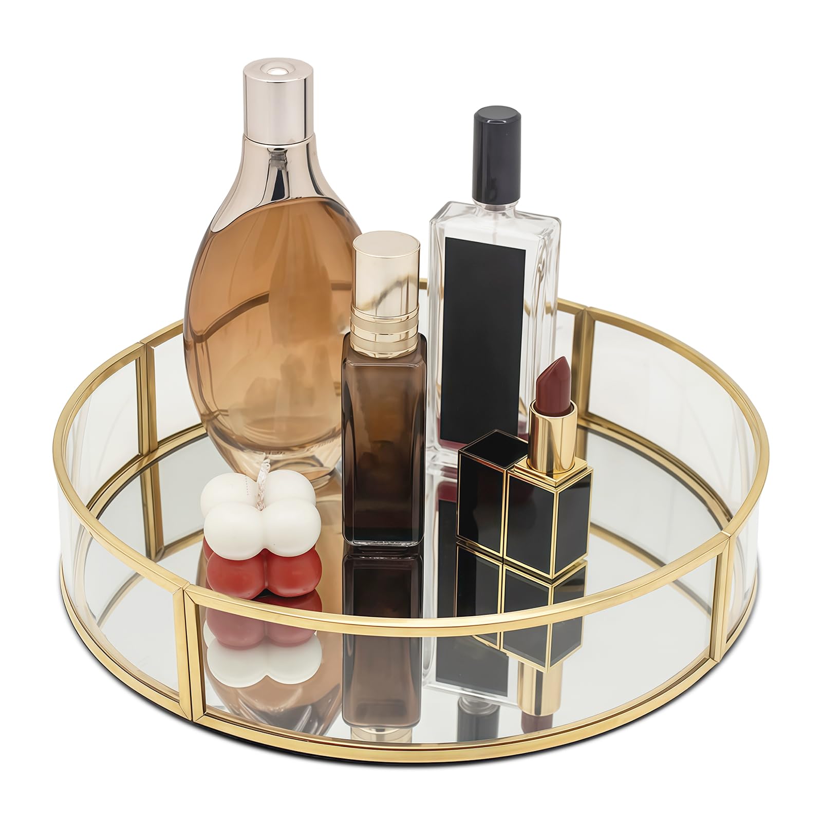 Vassoio Specchio Rotondo, Vassoio Portaoggetti di Metallo Vassoio da Bagno, Vassoio Decorativo Oro Porta Profumi per Vanità, Comò, Bagno, Camera da Letto (Dorato-A, 25L x 25l x 5H cm)