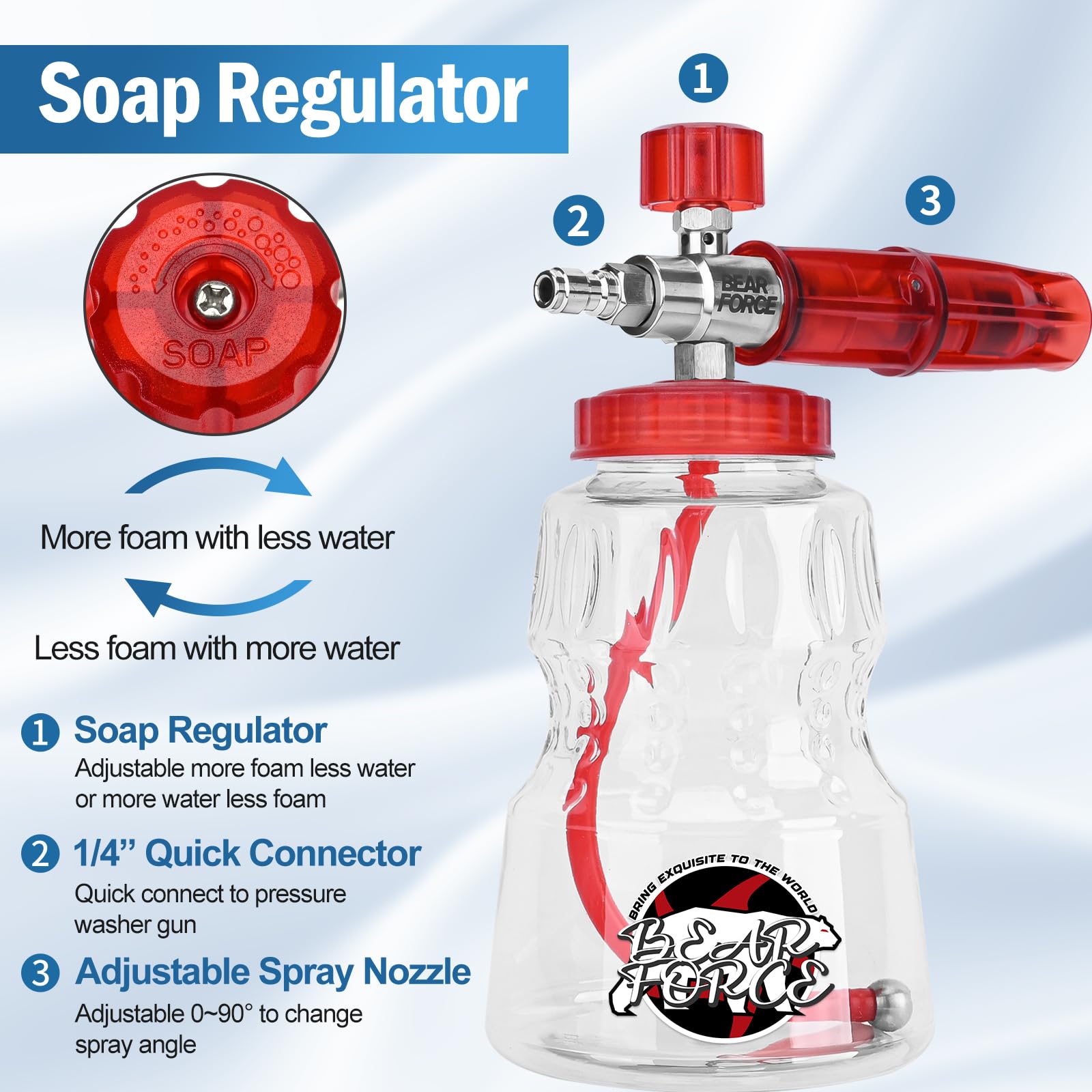 BEARFORCE Idropulitrice in acciaio inox schiuma cannone con 1/4 "Quick Connector & 1.25mm & 1.10mm ugello, lancia schiuma neve regolabile con 1L serbatoio sapone per idropulitrice 800~5000PSI