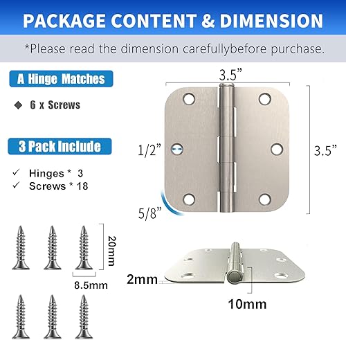 Miniatura 2 de Paquete de 6 bisagras de puerta de color blanco mate, bisagras de puerta blanco mate de 3.5 pulgadas con radio de 58 pulgadas, se ajustan a puertas