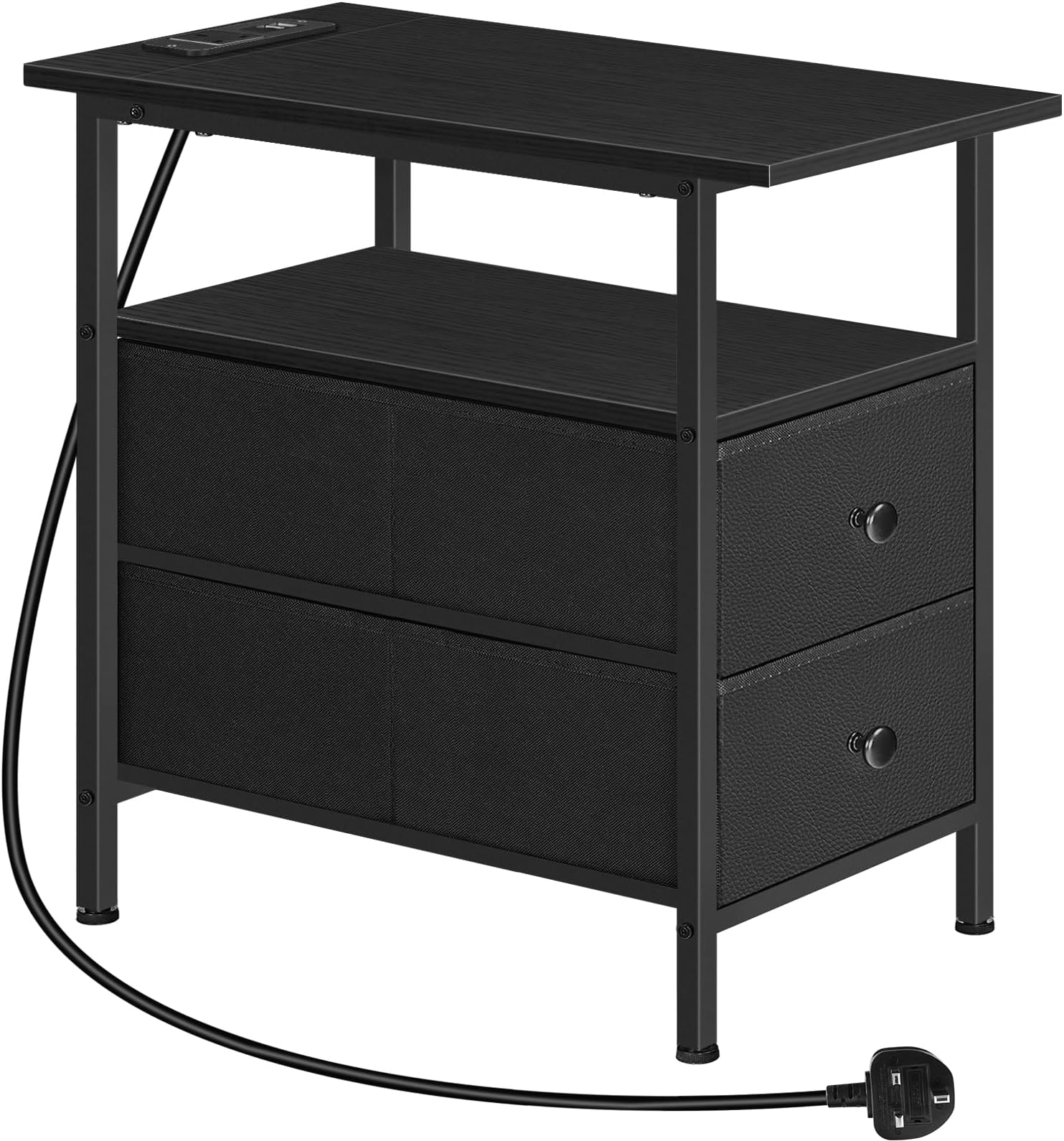 HOOBRO Narrow Bedside Table with Charging Station, with 2 Non-Woven Drawers, Slim Side Table with Power Outlets for Small Spaces, Living Room, Black EBB486KBZ01