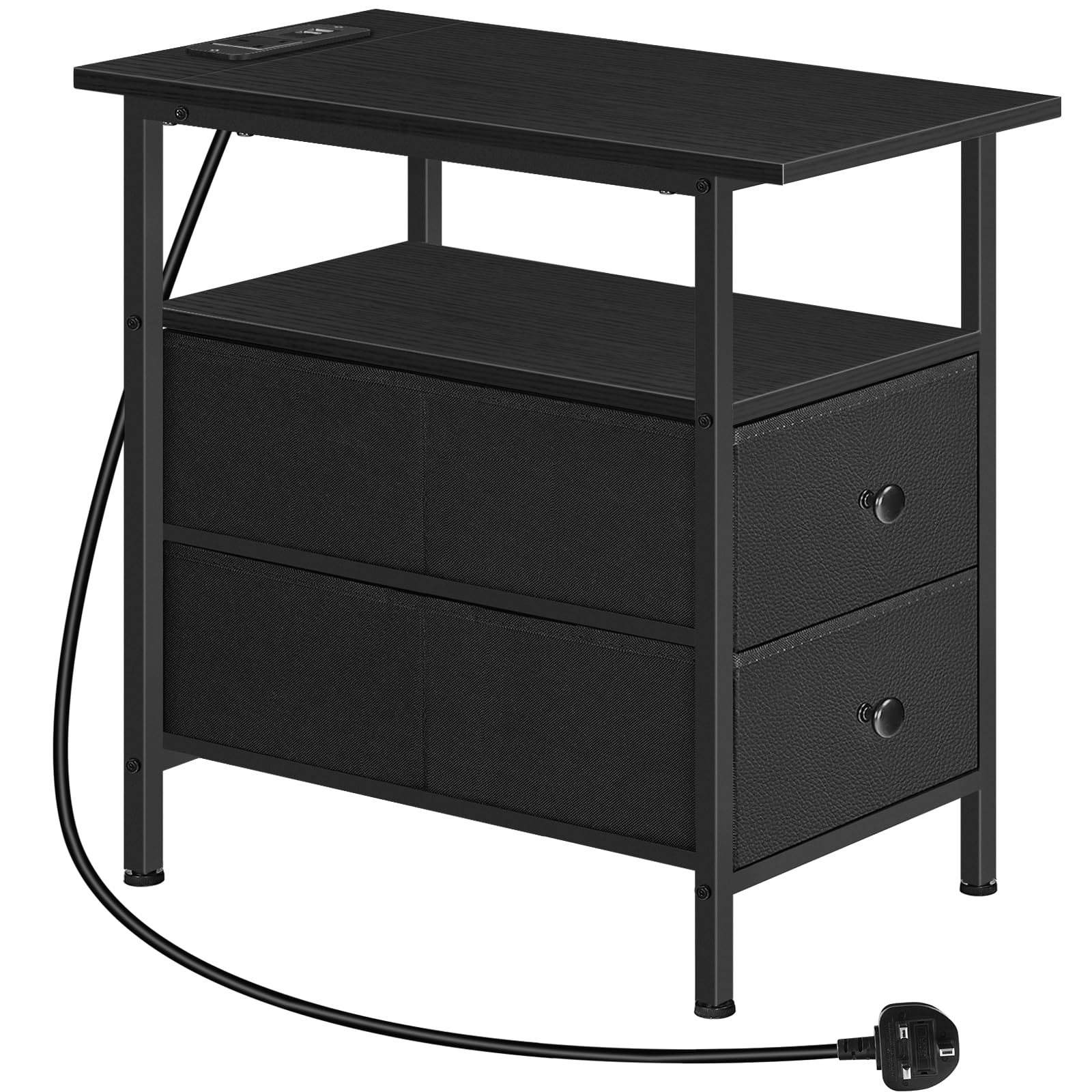 HOOBRO Narrow Bedside Table with Charging Station, with 2 Non-Woven Drawers, Slim Side Table with Power Outlets for Small Spaces, Living Room, Black EBB486KBZ01