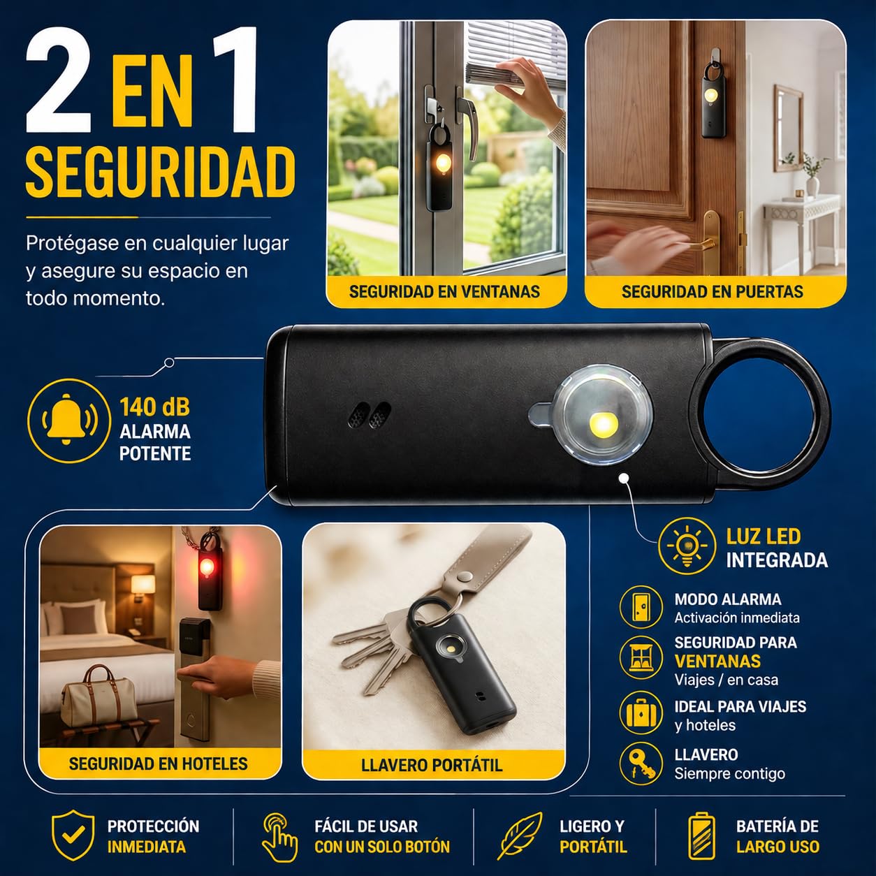 Voltek News Kit Alarma Metal Pestillo de Seguridad Mujer Defensa + Detector Puerta y Ventana Autodefensa Auto Alarma Mini Independiente + Silbato Emergencia Personal Lámpara Potente 135 DB, USB-C