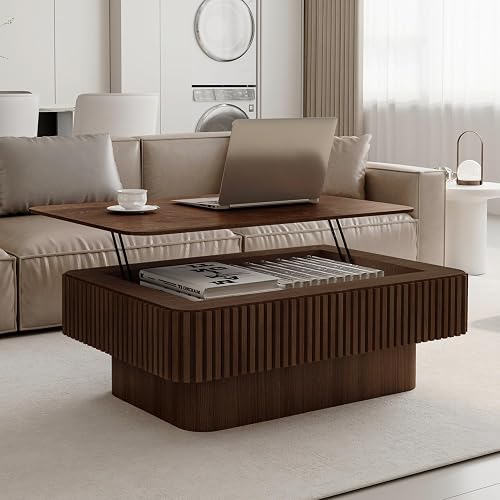 LKTART Lift Top Coffee Table for Living Room, Mid Century Modern Coffee Table with Hidden Storage, Solid Wood Veneered Rectangle Center Tea Table for Small Space Apartment (38.6''L×14''H-Walnut)