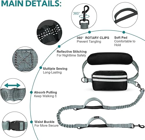 Miniatura 4 de Correa de perro manos libres con bolsa, cinturón ajustable con asas dobles acolchadas, correa de cintura para pasear perros, correa de perro con