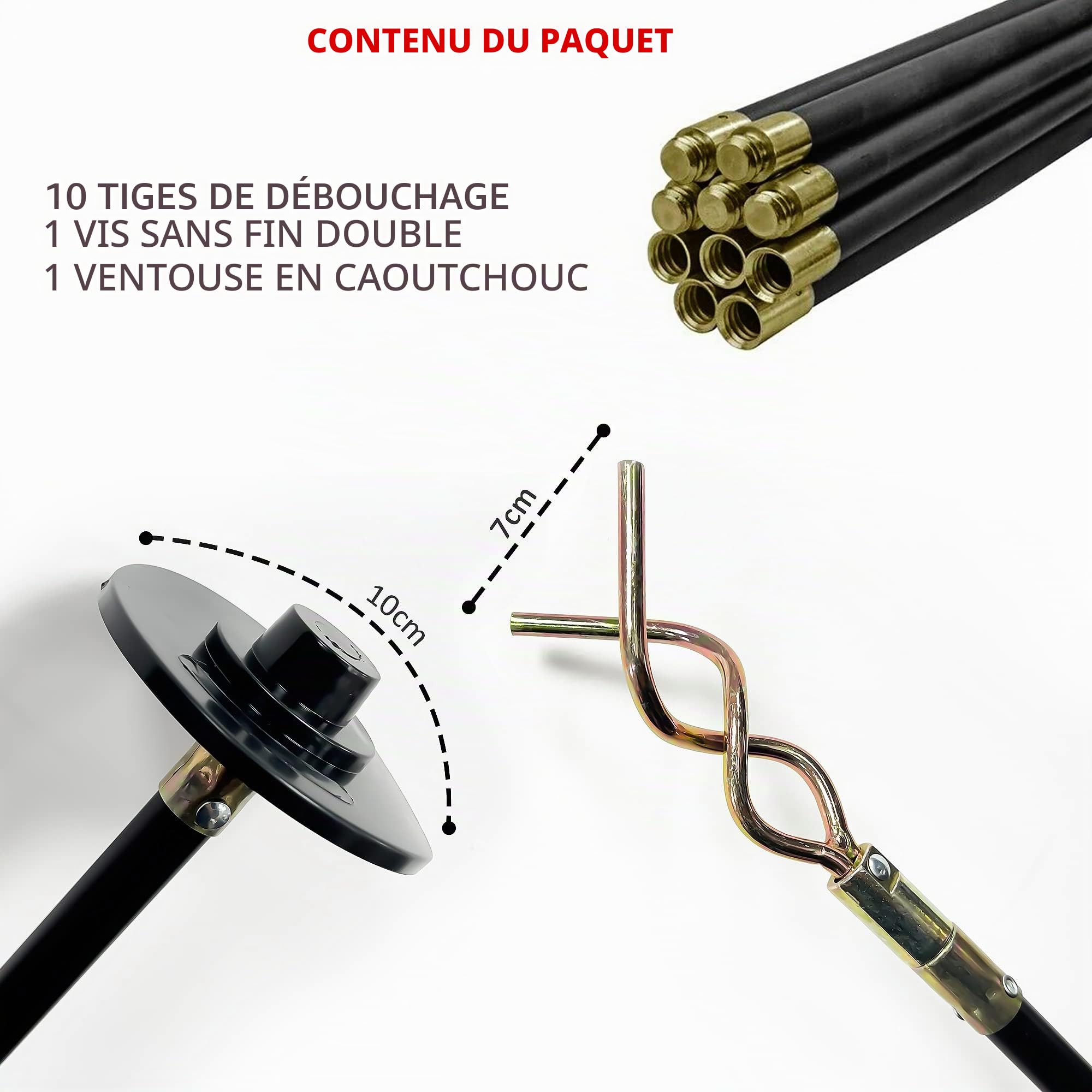 Crystals Lot de 12 tiges de drainage flexibles de 9,2 m avec piston en caoutchouc robuste et double vis sans fin, tiges de drainage pour nettoyage des canalisations avec sac de transport