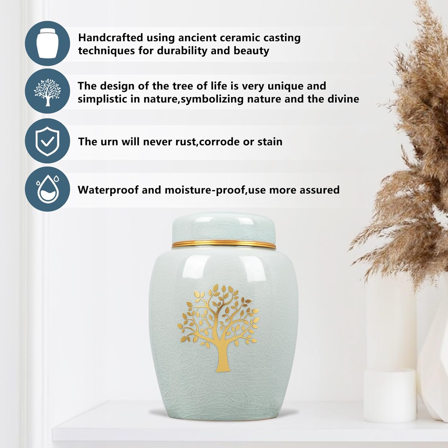Medium Urns for Human Ashes Adult Male or Famale,Urn for Ashes for Women,Ceramic Tree of Life Keepsake urn,Babies & Pets urn,Holds Up to 45LBS(45Cubic inch)(Velvet Bag Included)