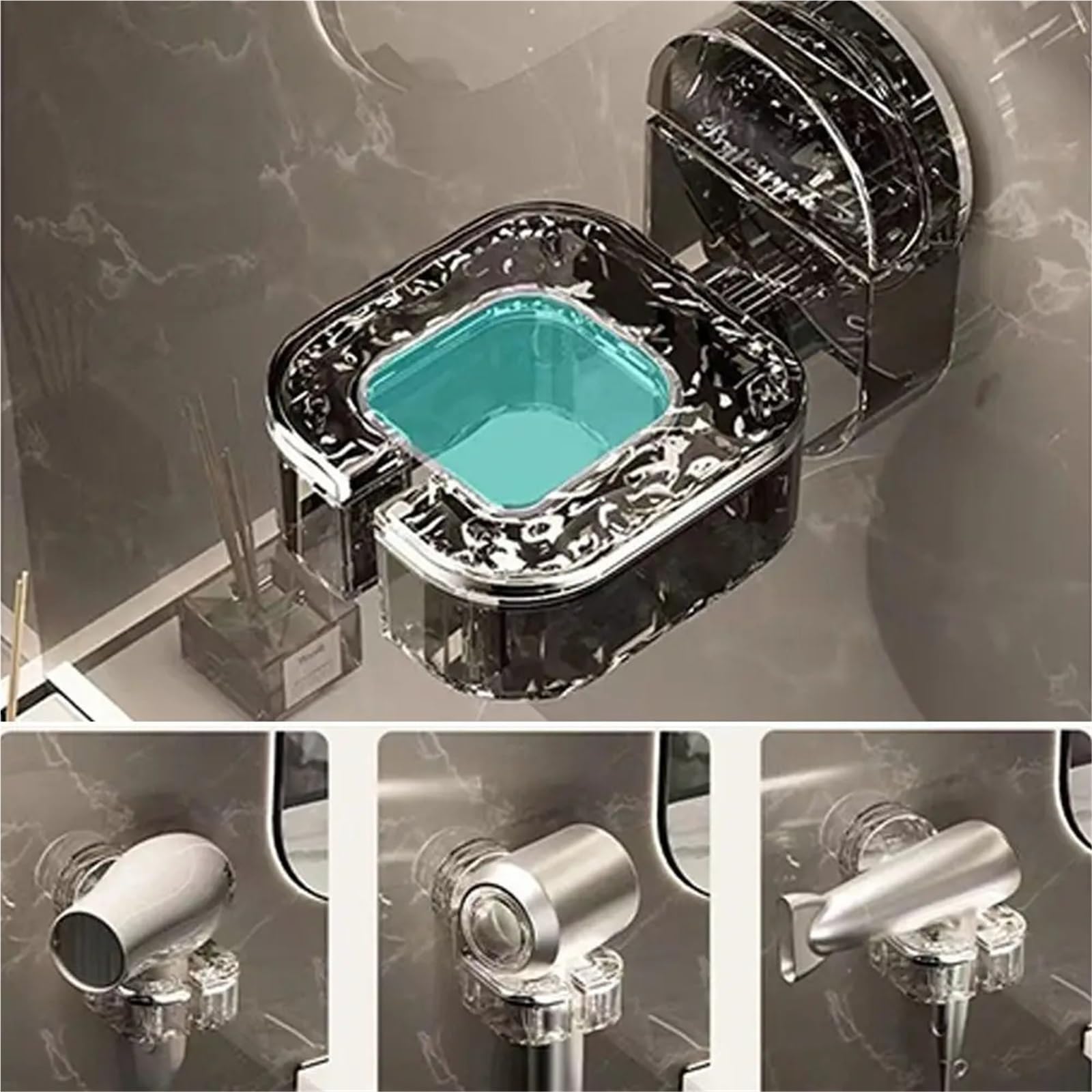 Supporto for asciugacapelli da Parete da 2 Pezzi, Staffa di stoccaggio for asciugacapelli Rotante Pigro con Ventosa per Il Bagno, Il Barbiere(Transparent)