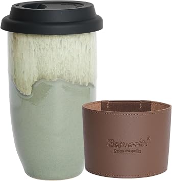 Bosmarlin Ceramic Travel Coffee Cup with Lid, 16 Oz, Portable Coffee Mug for Car Cup Holder, Microwave and Dishwasher Safe, Reactive Glaze Pale Green, 16 Oz