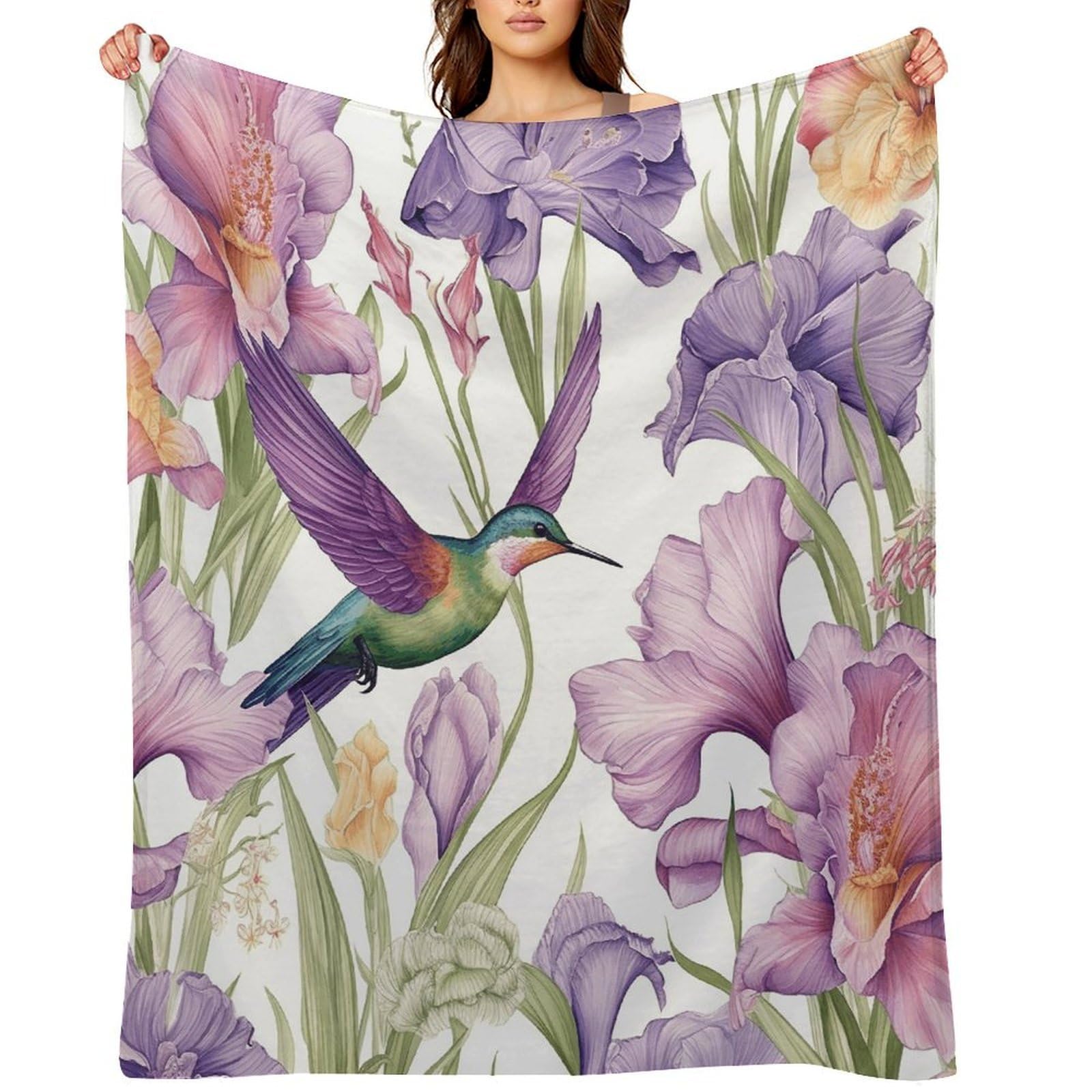 Hummingbirds Irises Flowers Throw Blanket for Couch and Bed Super Soft Warm Lightweight Throw Blankets Cozy Fuzzy Flannel Blanket Personalized Decorative Blankets for Sofa Decor 30"x40"