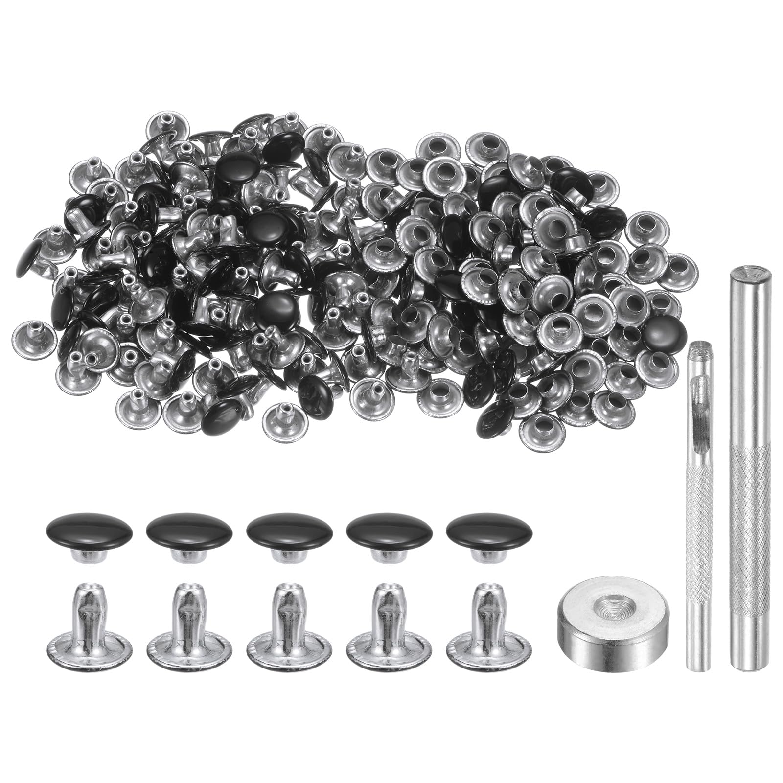HARFINGTON Juego de 100 remaches de cuero de 8 mm x 6 mm, de metal de doble tapa, con 3 herramientas de ajuste, remaches para manualidades, reparación de cuero, decoración, color negro brillante