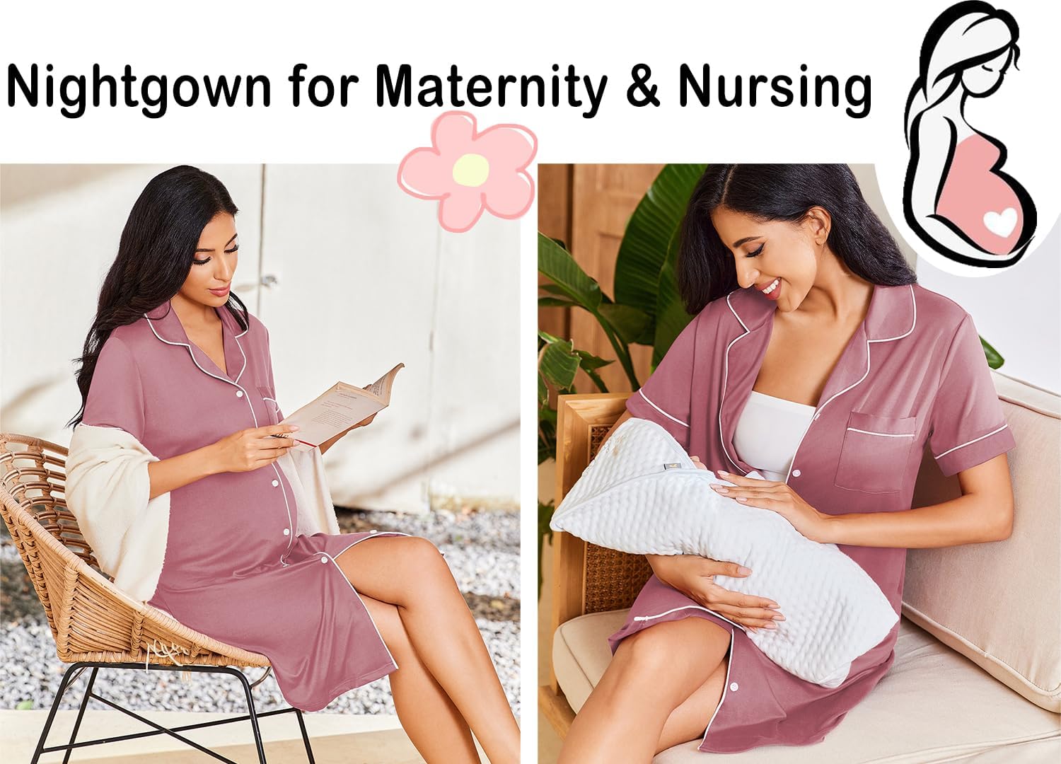 Ekouaer Nightgowns for Women Button Down Sleepshirt Short Sleeve Nightshirt Boyfriend Pajamas V Neck Nightdress S-XXXL - Image 4