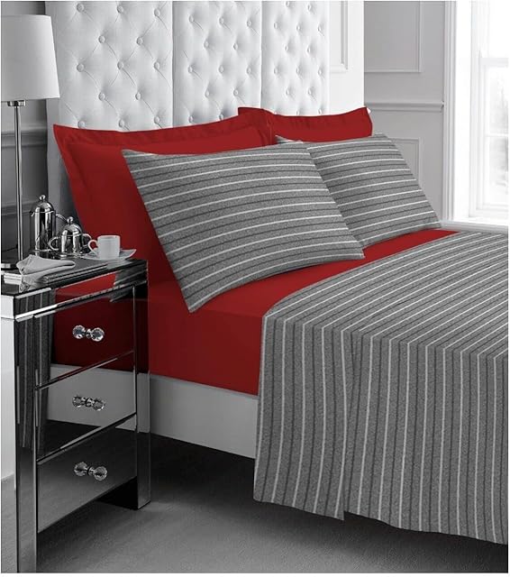 Luxury Easy Care Geometric Flannelette Fitted Sheets, Flannel Flat Sheet Comfy Warm Brushed Cotton King Size Bedding Set & Pillowcase, Charcoal/Red