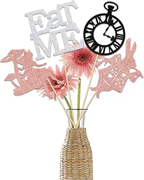 12Pcs Bunny Eat Me Centerpiece Sticks, Centerpiece Alice in Wonderland Decoration,Magic Tea Theme Birthday Decorations, Tea Baby Shower & Wedding Party Supplies Rose Gold & Black