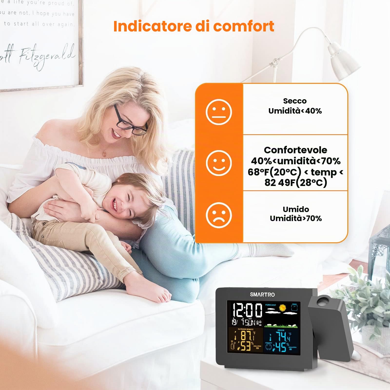 SMARTRO SC91 Sveglia a Proiezione per Camere da Letto con Stazione Meteo, Termometro Wireless da Interno ed Esterno, Controllo della Temperatura dell’Umidità e Igrometro a Manometro