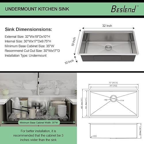 Miniatura 6 de Beslend - Fregadero de cocina con estación de trabajo de 32 pulgadas - Fregadero de cocina de acero inoxidable de calibre 16 de 10 pulgadas de