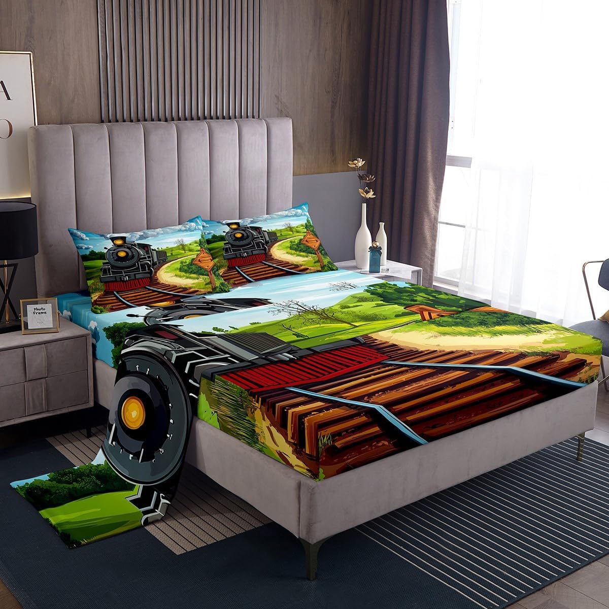 Erosebridal 3D Steam Train Sheet Set Twin Size,Retro Transport Car Bed Sheets Set,Retro Steam Engine Sheets for Adults Women Men Room Decor,Travel Locomotive Top Sheet,Black