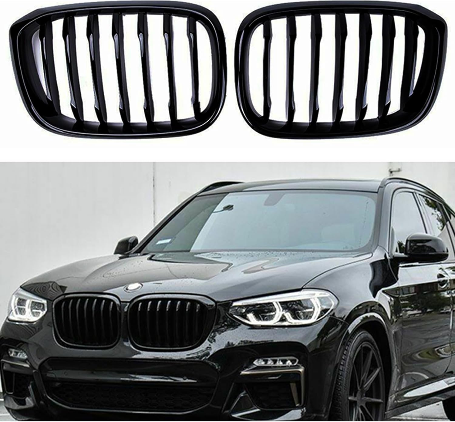 black performance style kidney grille compatible with x3 x4 2018-2021 g01 g02 front hood grill insert replacement(2pc set gloss black single slat) single line glossy black