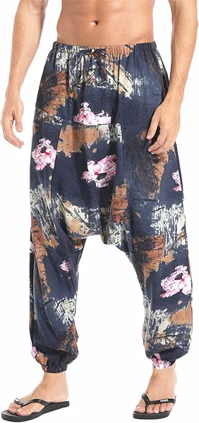 AITFINEISM Men's Drawstring Aladdin Hippie Harem Pants Loose Drop Crotch Trousers