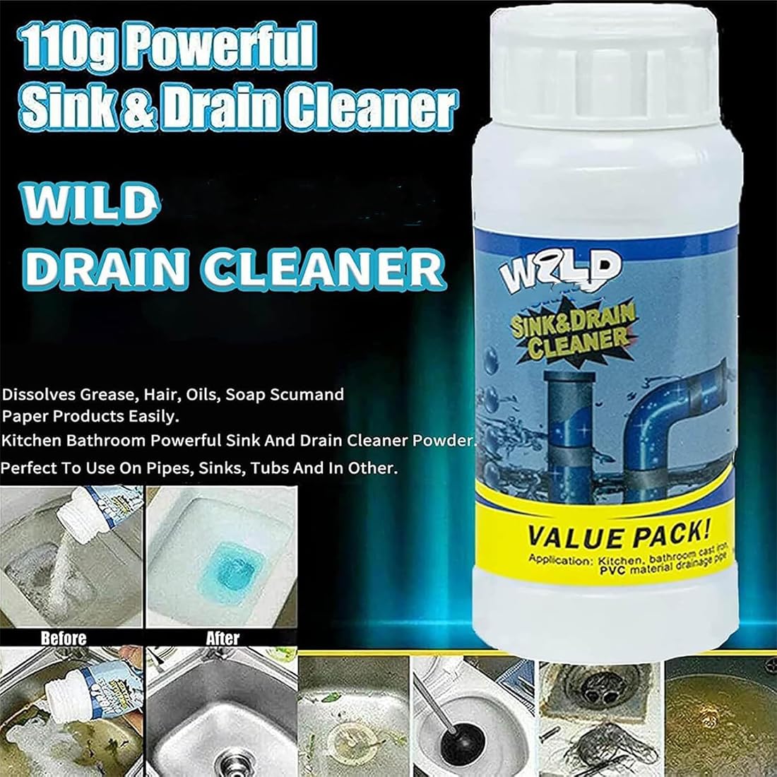 Wild Sink and Drain Cleaner, potente detergente per lavello e scarico, sbloccante Wild S-ink e D-rain, detergente in schiuma S-ink D-Rain, per cucina, bagno, WC, doccia, sicuro per tutte le superfici