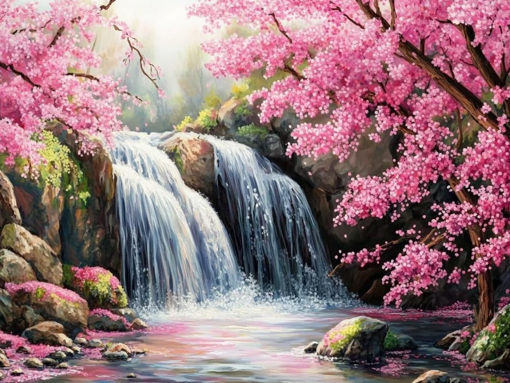 GLTEYACO Pre-Printed Cross Stitch Kits Waterfall and Cherry Blossom Tree 11CT Stamped Embroidery Kit for Adults Beginners DIY Embroidery Pattern Art Craft Decor 40x50 cm