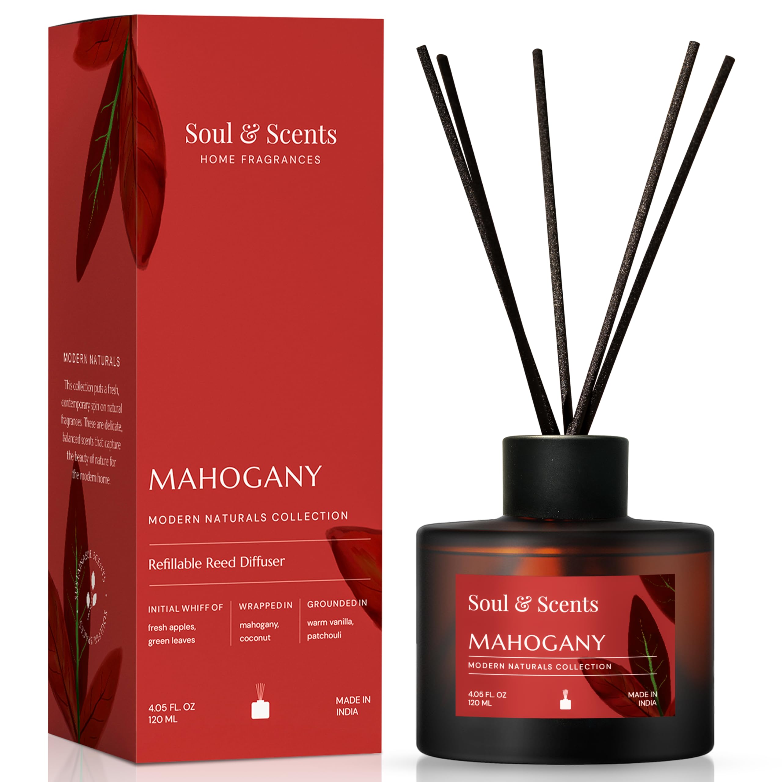 Soul & Scents 120ml Premium Mahogany Reed Diffuser Set | Free 6 Fiber Reed Sticks | Toxin Free & Stress Relief | Long Lasting | Smoke Less Room Freshener for Home, Bedroom & Office | Ideal for Gifting