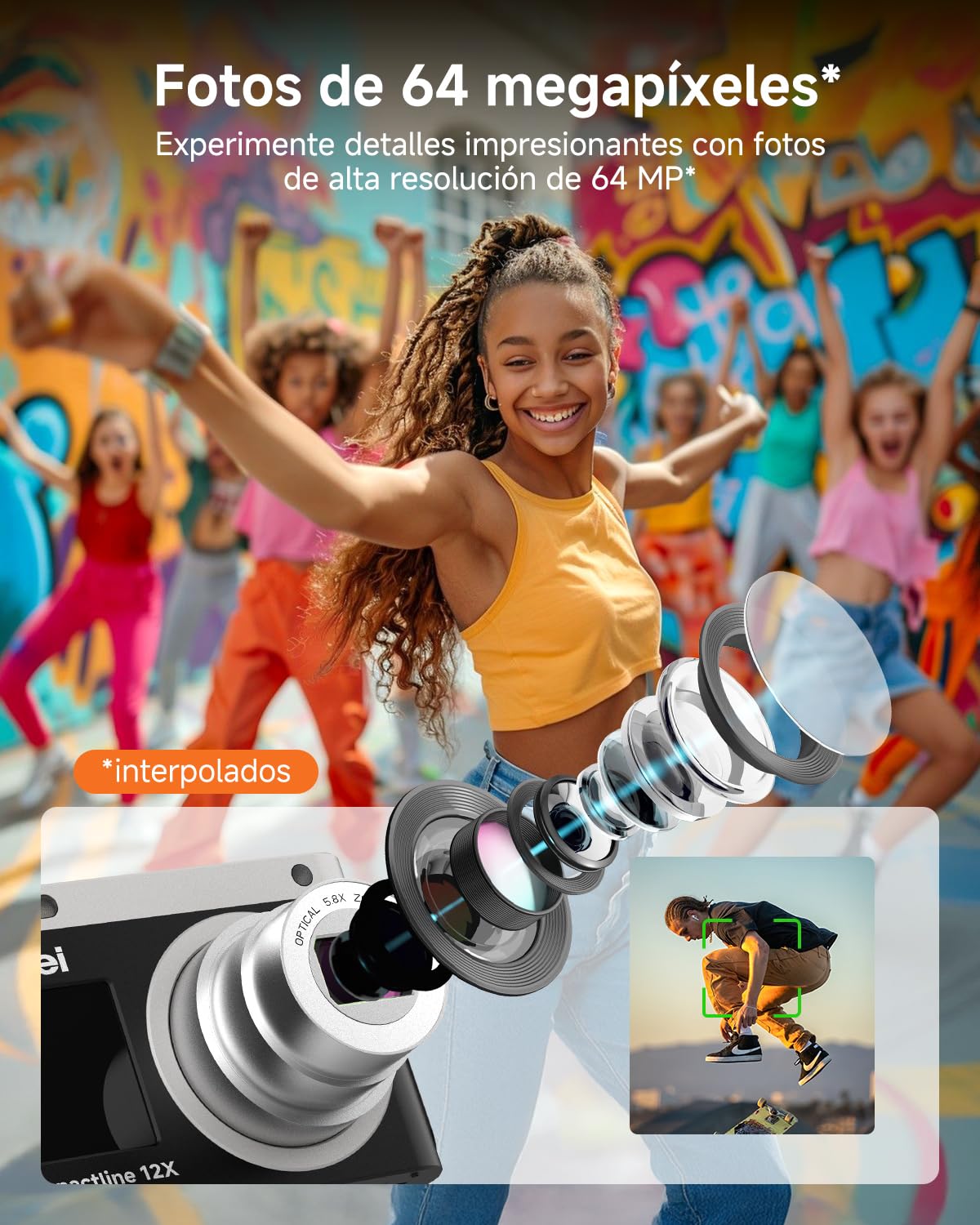 Camara Digital 64MP 4K Rollei Compactline 12X Cámara de Fotos Compacta Zoom Óptico 12x con Doble Pantalla Vlog Camera Portátil para Adolescentes Principiantes, Camara-Fotos-Digital-Camera-Fotográfica
