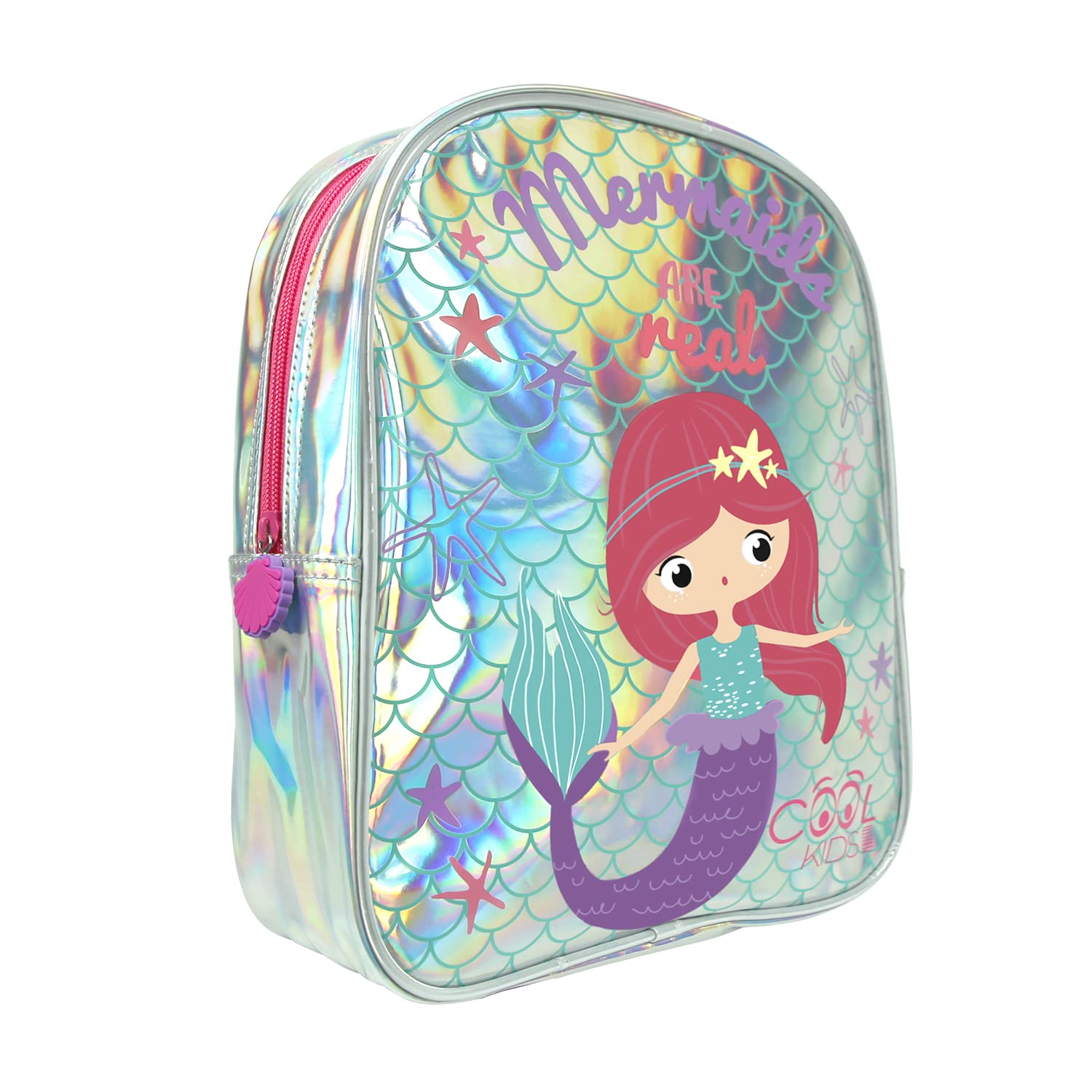 PERLETTI Mochila Escolar Niña con Sirenita Holografica - Bolso Niñas para Escuela Guardería y Viajes - Mochilita con Detalles Reflectantes Cremallera Rosa Gomada - 30x24x10cm (Sirenita Mochila)
