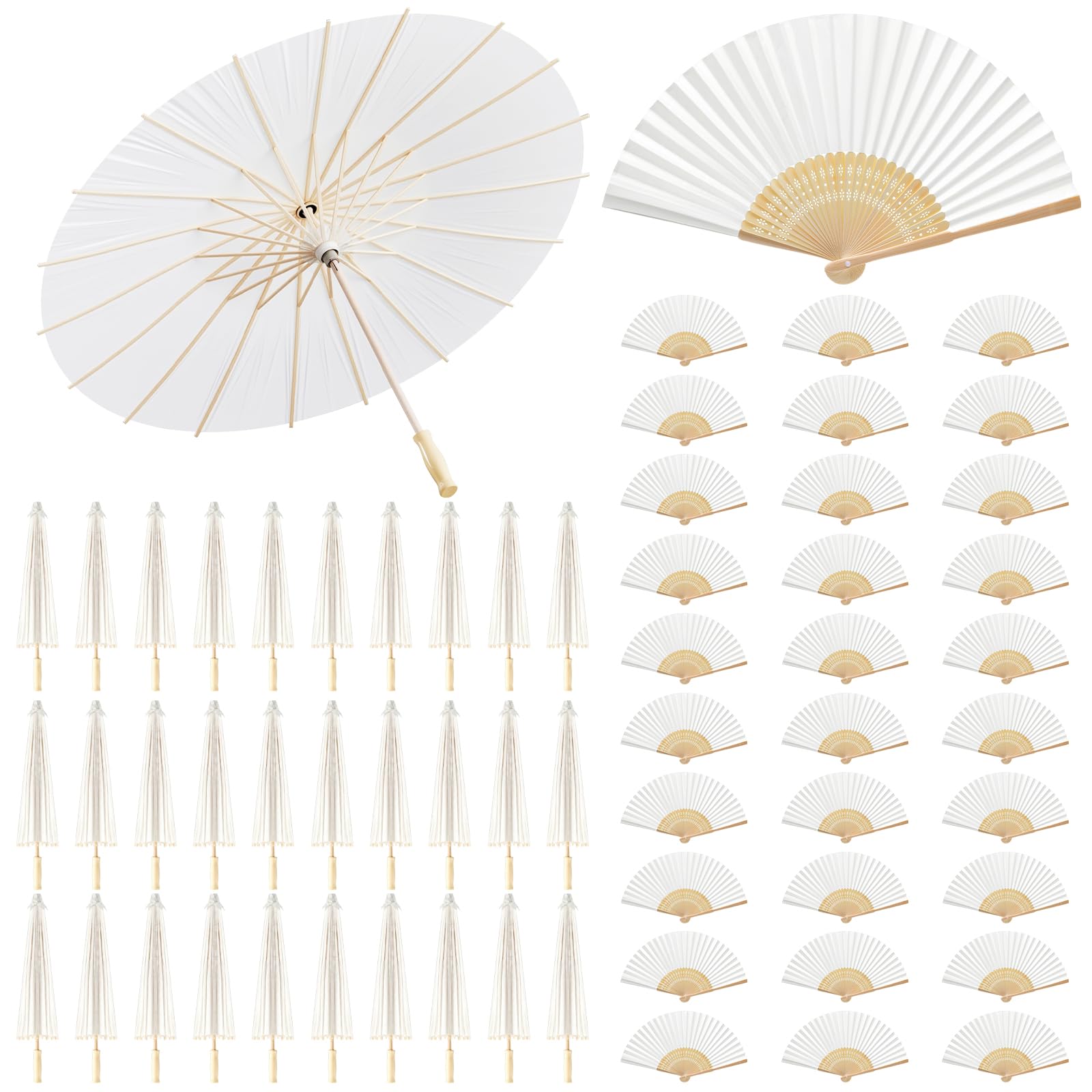 Hestya 30 White Paper Parasol 60 cm and 30 Wedding Fan Vintage Oiled Paper Japanese Umbrellas Bamboo Folding Hand Held Fan for Wedding Bridal Gift Party Favor Wall Church DIY Painting Decorative