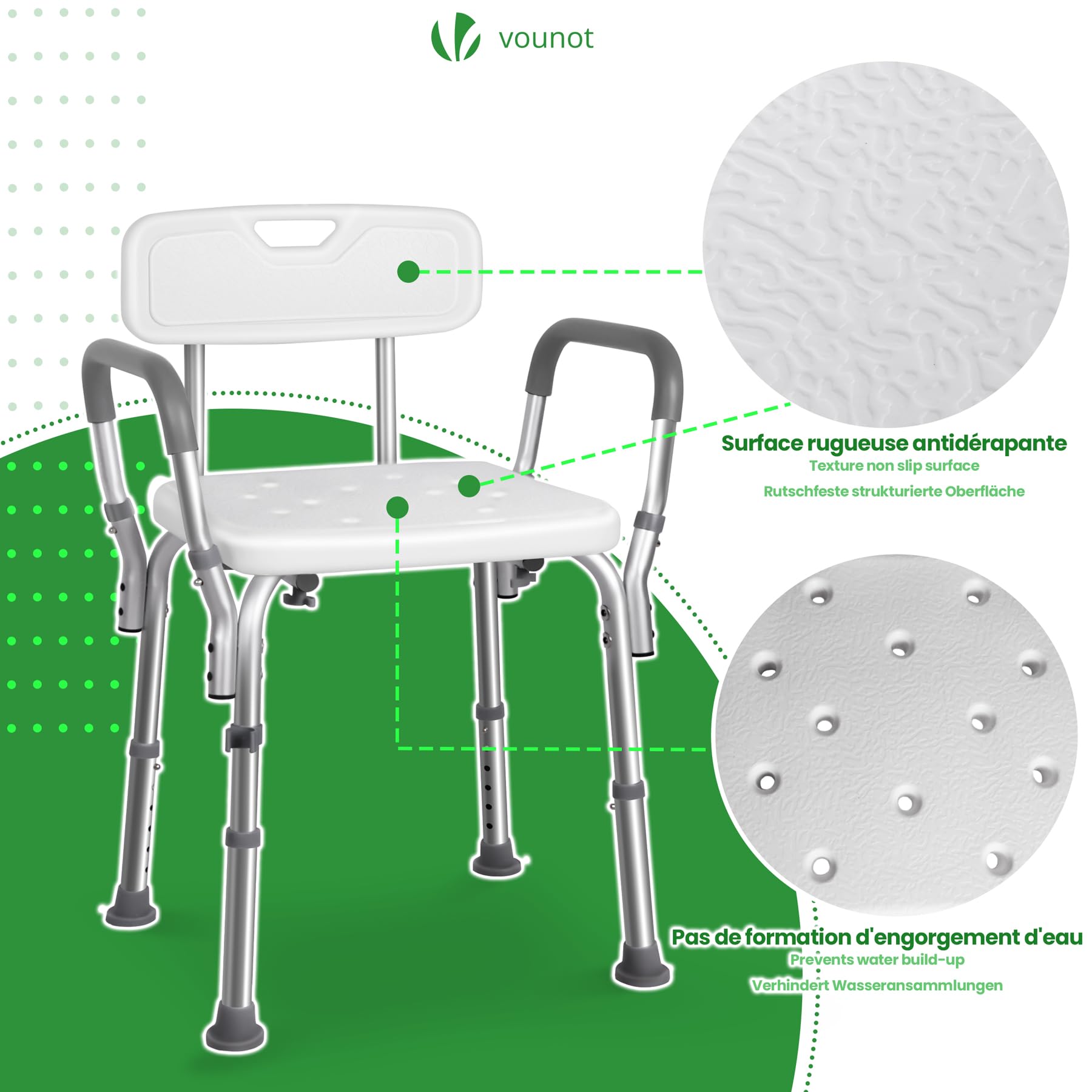 VOUNOT® Sedia da Doccia in Alluminio con Schienale e Braccioli, 6 Altezze Regolabili 71-83,5 cm, Sedile Bagno Ergonomica per Anziani e Disabili con Piedini Antiscivolo, Portata Max 136 kg, Bianco