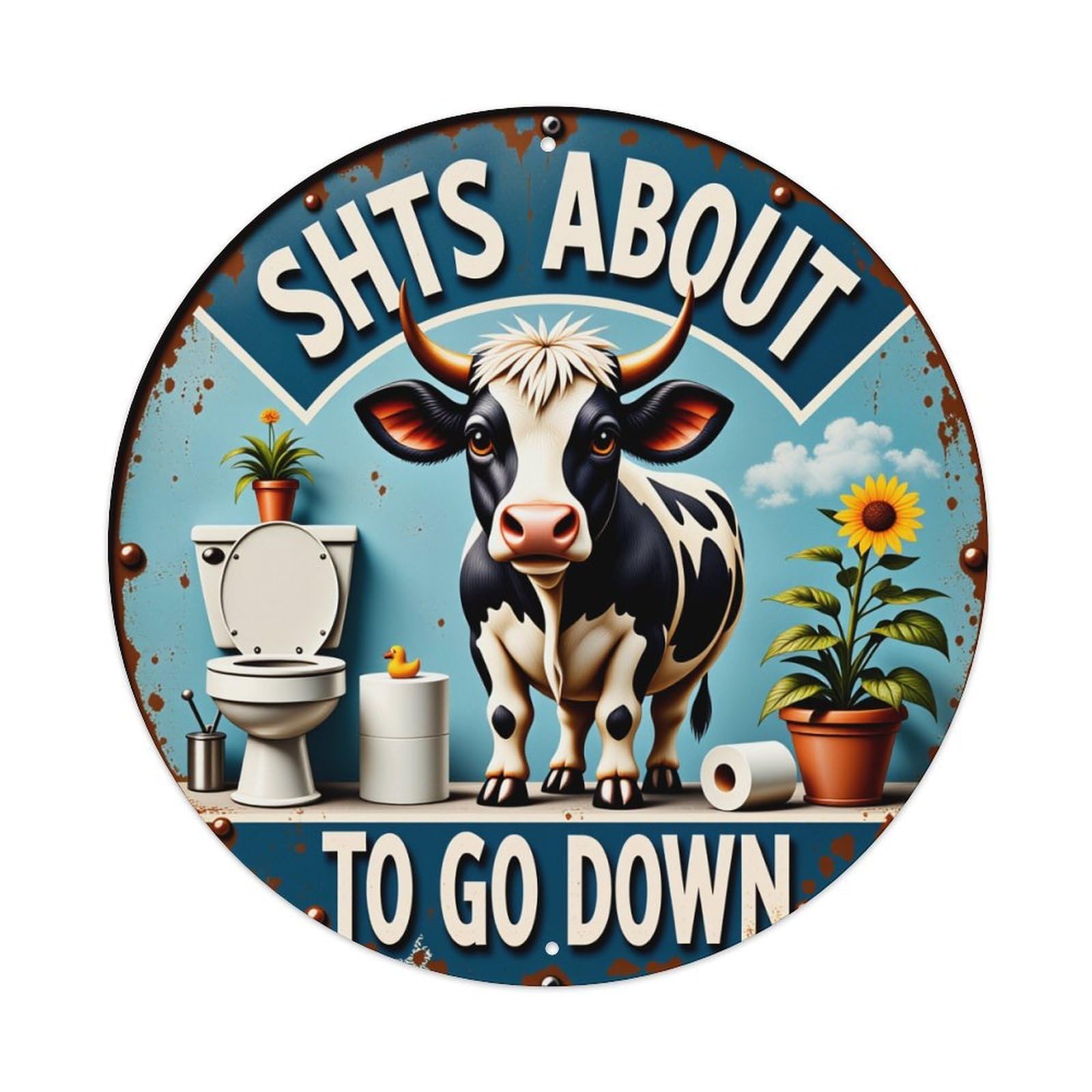 Cow Toilet Sunflower Duck Roll Round Tin Sign Vintage Style Metal Sign Home Bar Garden Wall Plaque Decor Metal Poster 8x8 Inch