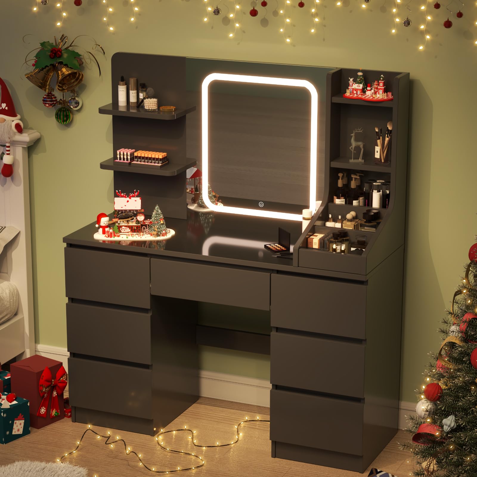 TRIUMPHKEY Coiffeuse avec Miroir LED, Luminosité Réglable, Table de Maquillage avec 4 Étagères et 7 Tiroirs, Coiffeuse Moderne avec Grand Espace de Rangement (Noir)
