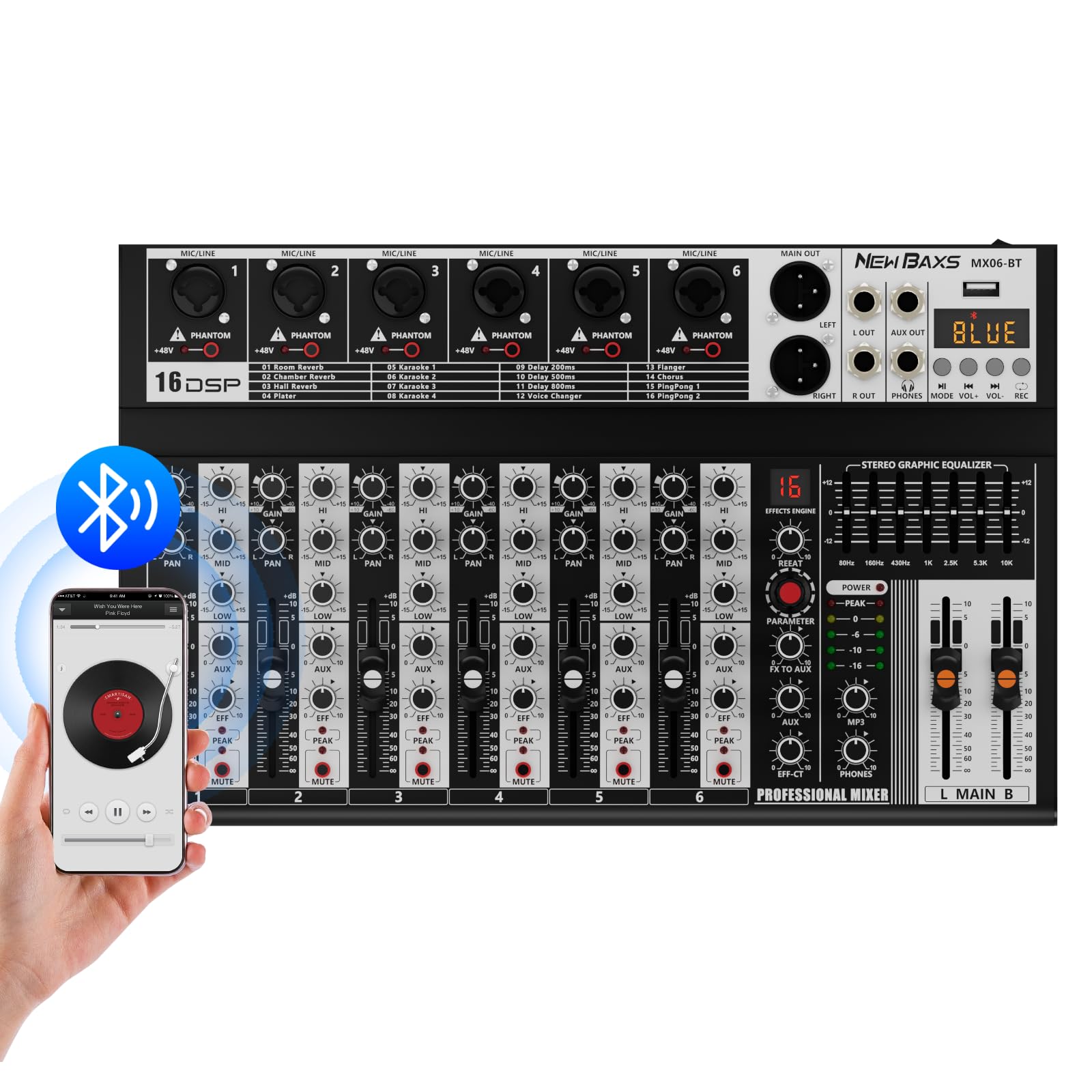Professional Audio Mixer,6 Channel Audio Interface Sound Board Mixing Console System with Monitor,16 DSP DJ Bluetooth Mixer Reverb Effect +48V Phantom For Karaoke Studio Streaming Recording