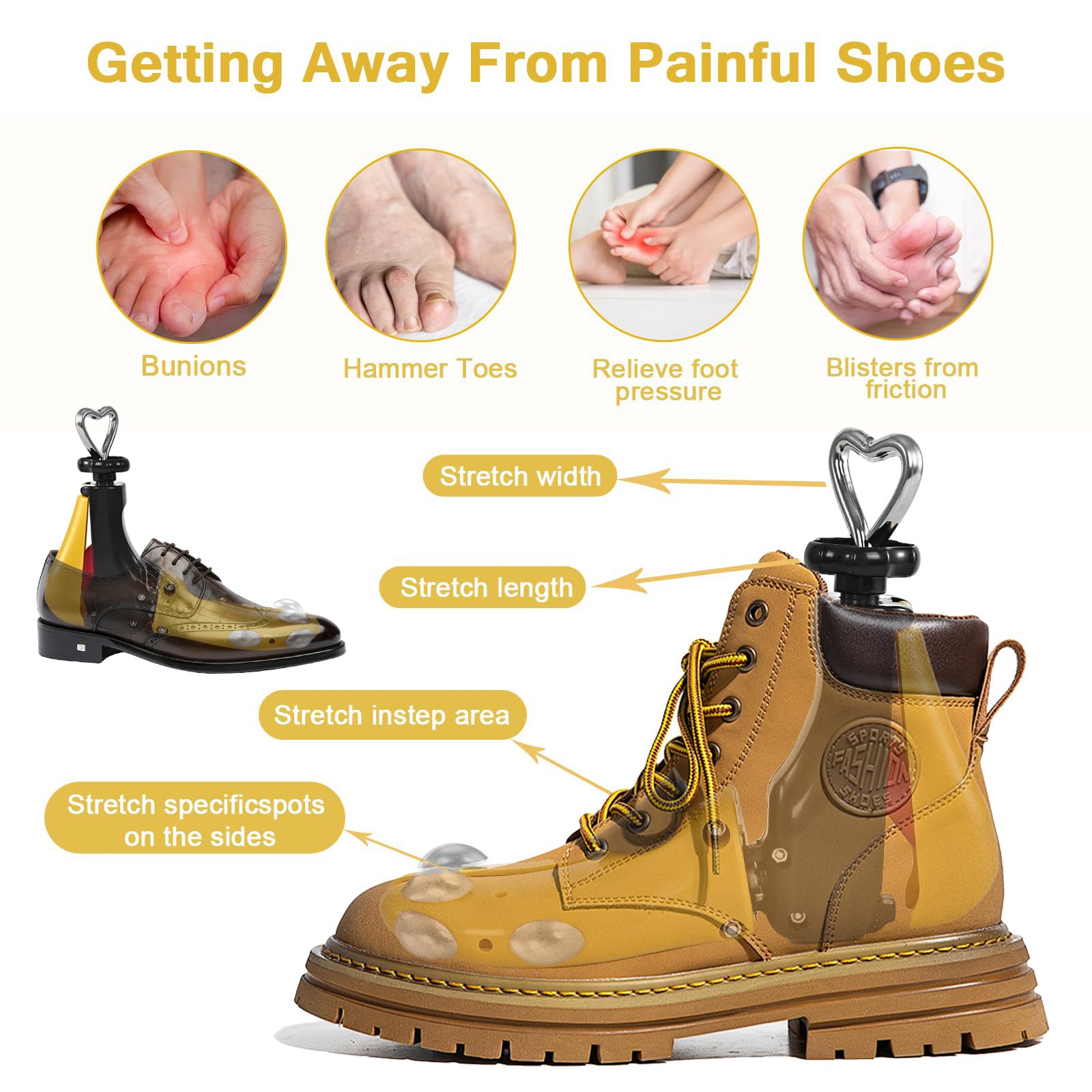 Estirador de zapatos para mujeres y hombres, estirador de botas, ajustable, unisex, pies anchos, S tapón de metal amarillo (para Wm 6-11; M 5-9.5), paquete de 2