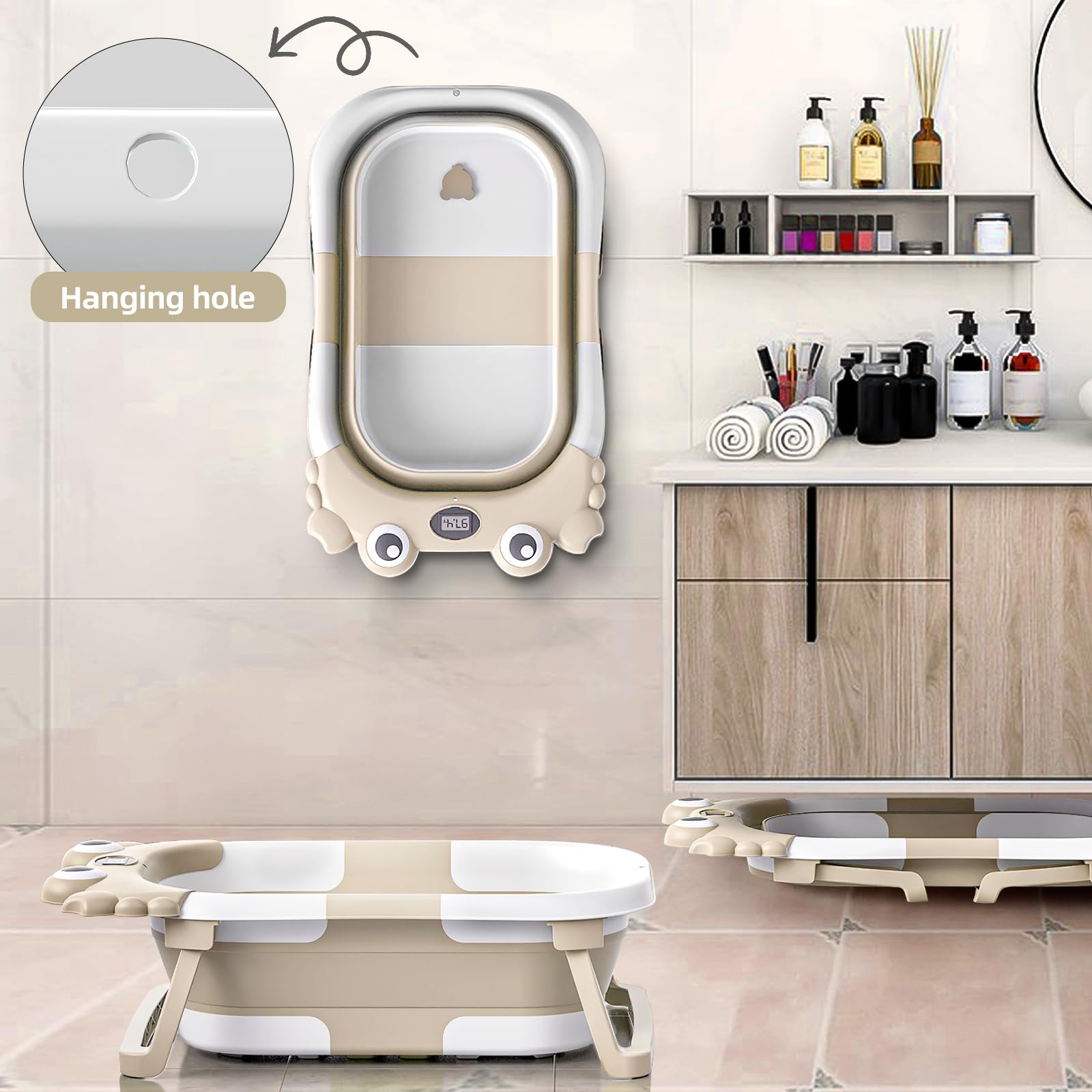 Bañera plegable para bebés y niños pequeños con monitor de temperatura en tiempo real + cojín flotante, juego de bañera plegable para bebés de 0 a 36 meses, bañera portátil de viaje para recién