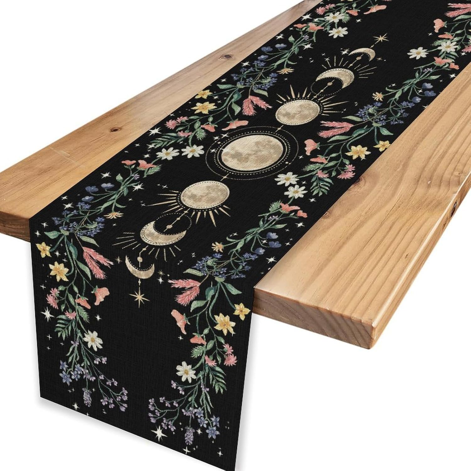 Boho Floral Table Runner, Spring Wild Floral Moon Phase Seasonal Gothic Witch Mystical Coffee Table Center Decor for Home Kitchen Dining Holiday Party Indoor Outdoor Table Decorations, 13"x108" Inch