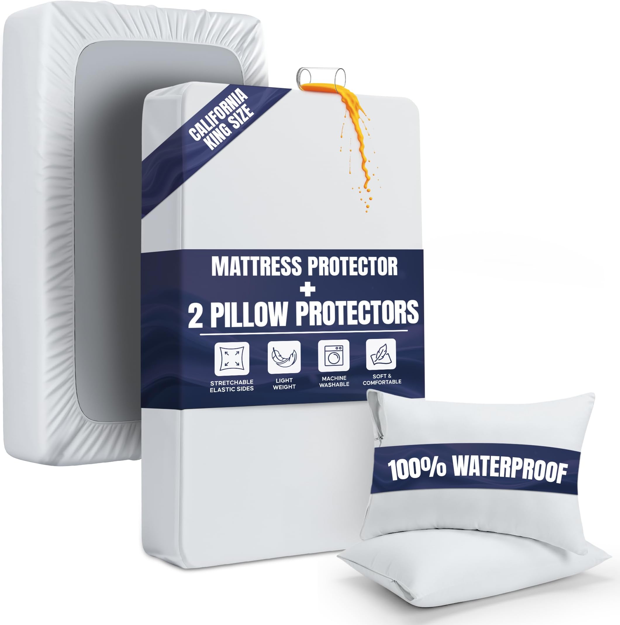 Waterproof Mattress Protector and Pillow Cases, California King Size, Includes +2 Zippered Pillow Protectors and 1 Mattress Cover Set, Fitted Sheet Style Deep Pockets with All Around Elastic