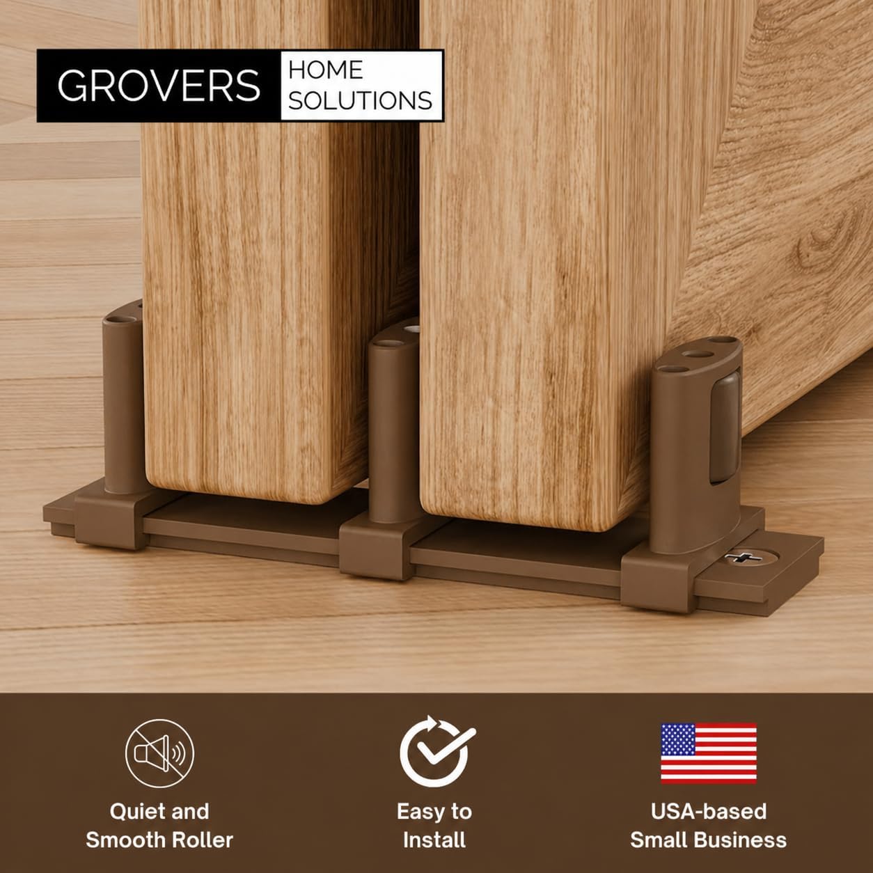 3-Pack Sliding Closet Door Floor - Easy Install and Adjustable Width 3-Roller Design (Brown) | Grovers Home Solutions