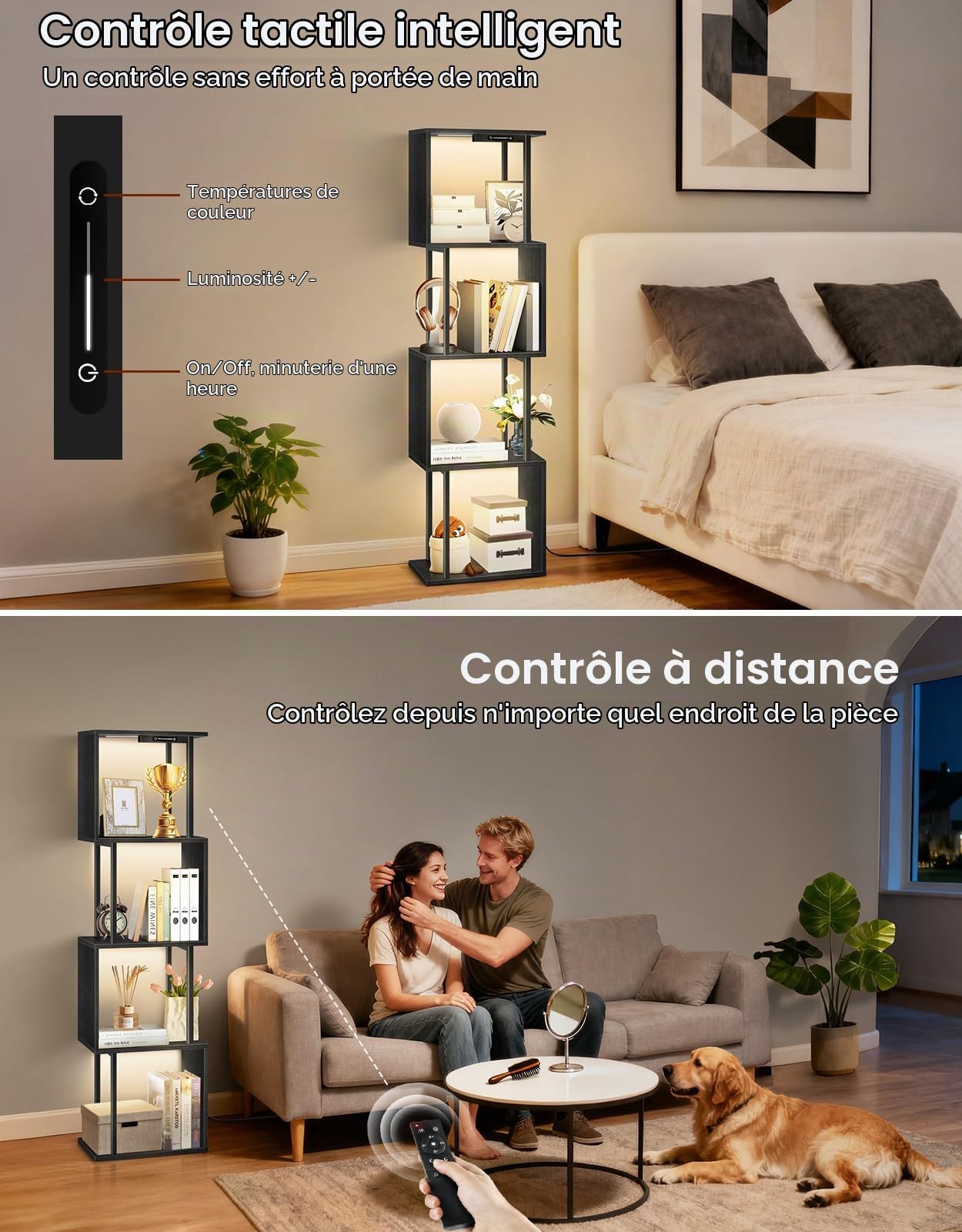 Bibliothèque Géométrique en S à 5 Niveaux avec Lumière LED, 3 Températures de Couleur, Commande Tactile et Télécommande, Étagère Ajustable pour Salon, Chambre ou Bureau