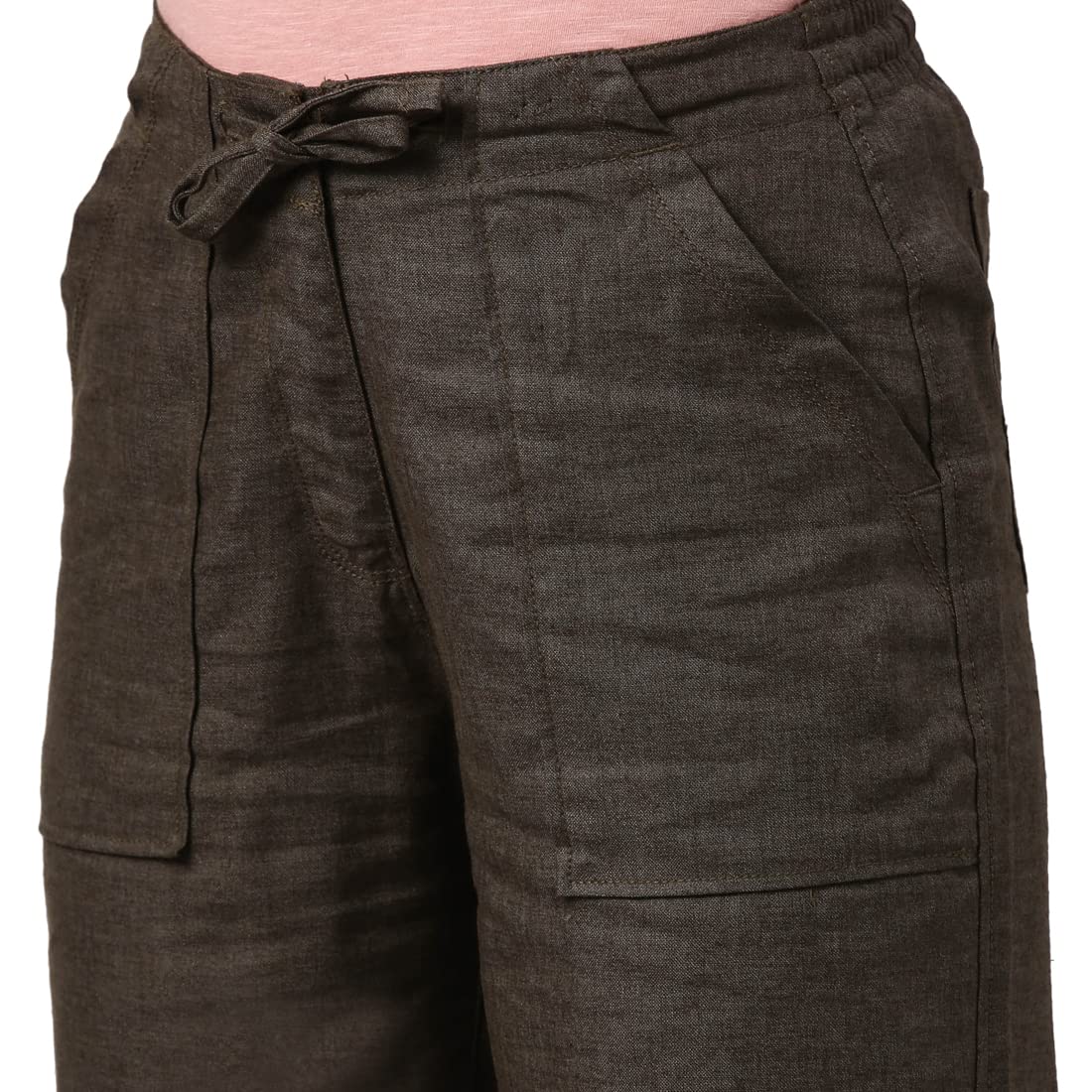 GO COLORS Pantalones cargo de lino de tiro medio para mujer, Verde Oliva, 42