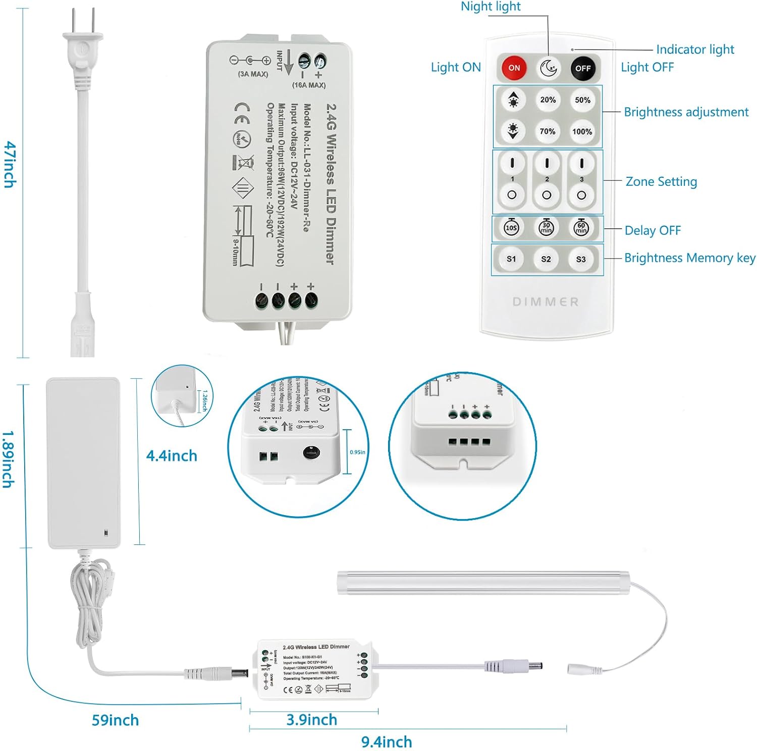 Litever LED Dimmer with Remote, DC12V/DC24V, for Litever Under Cabinet LED Lights LL-008, LL-013, LL-024, LL-025, LL-027, LL-030 or other Single Color LED Lights. Memory Function. Easy to use.