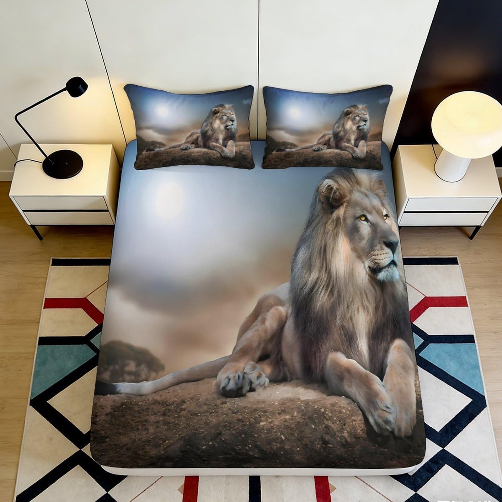 3D Printed Lion Fitted Sheet Microfiber Soft Durable Lion Mattress Cover for Bedroom Dormitory Guest Room Mattress Protection Decor 120x200x25cm