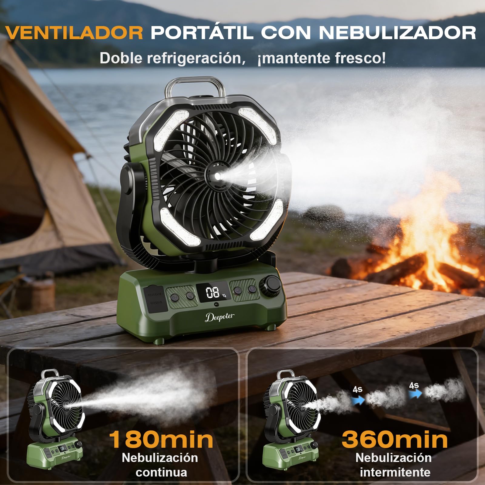 Ventilador Camping Portátil con Nebulizador y Luz LED, ventilador bateria recargable, Temporizador Rotación 270° Gancho para Colgar, Ideal para Camping Viajes Oficina (Verde)