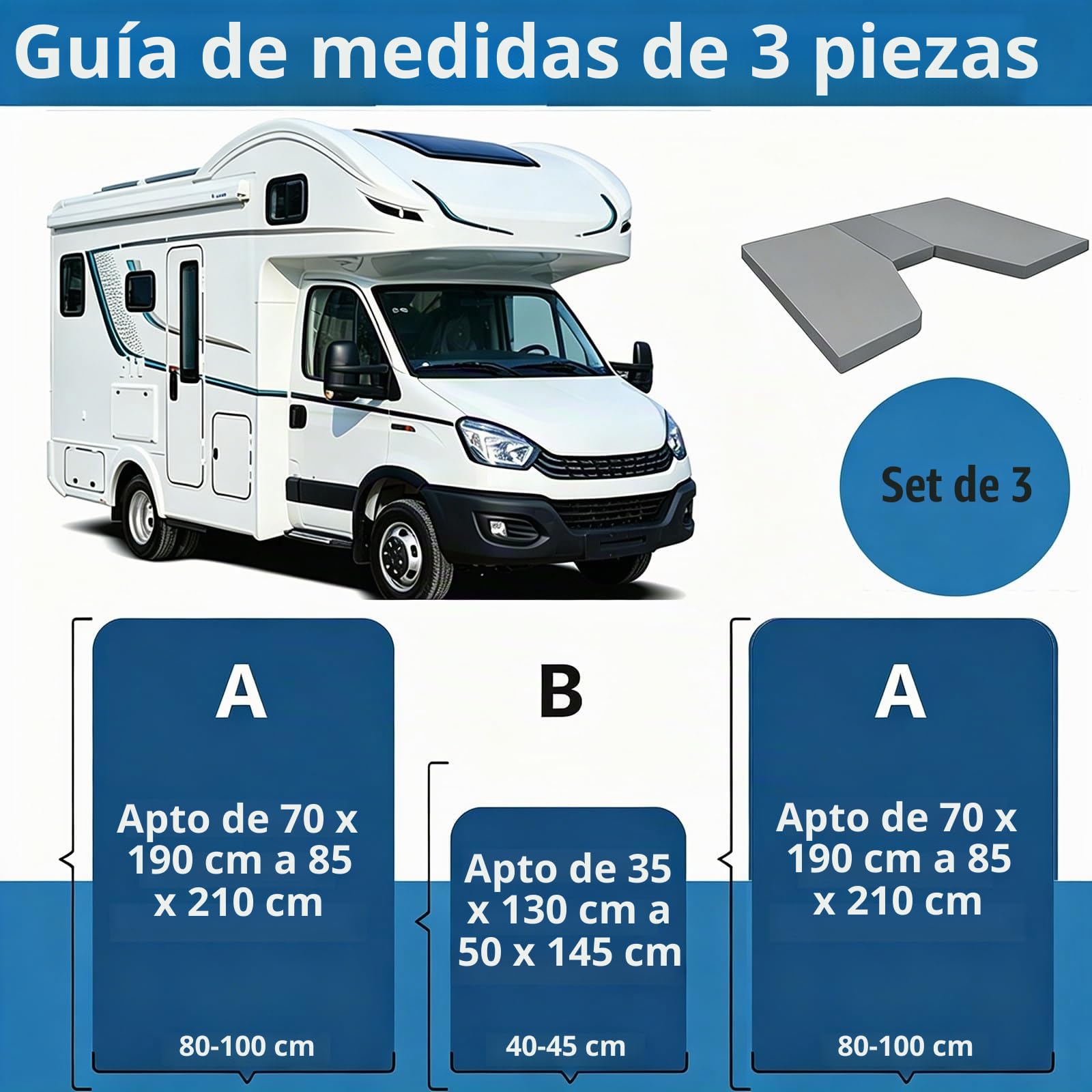 Sábana bajera ajustable para autocaravana, 3 piezas, 70x190-85x210 cm (2X) + 35x130-50x145, sábana bajera ajustable de repuesto para caravanas, campistas, furgonetas, transpirables, lavables