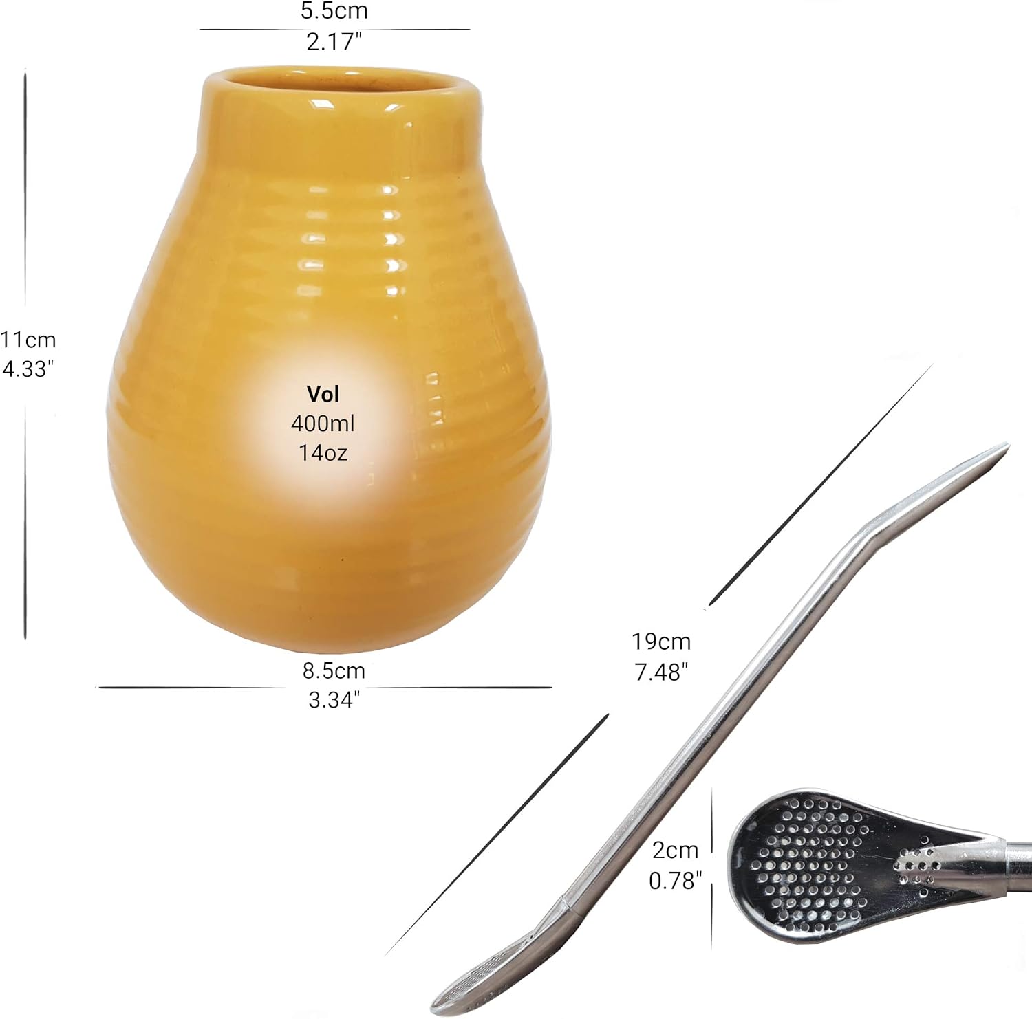 Gaucho Bruno Yerba Mate Ceramic Cup with Stainless Steel Bombilla Drinking Straw, Reusable - Image 3