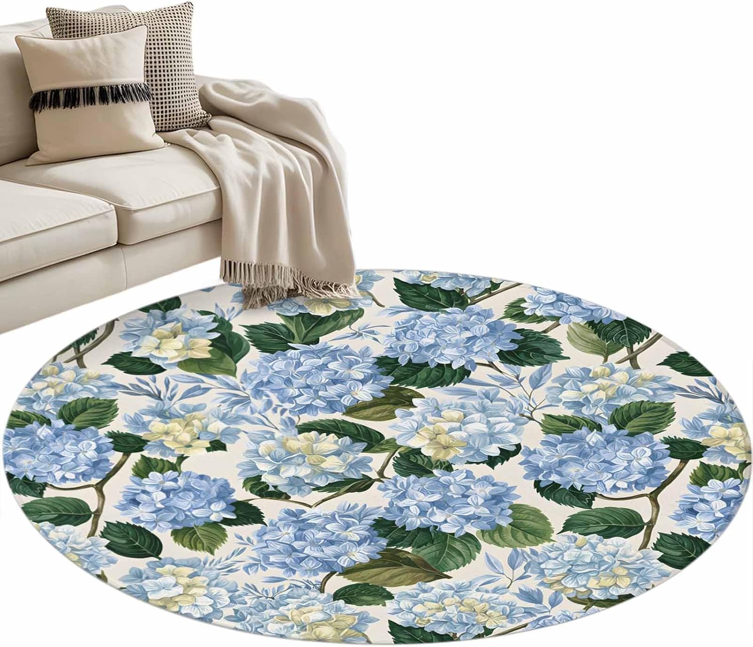 Round Area Rug 36in, Blue Flower Hydrangea Green Leaf Floor Carpet for Living Room Bedroom Rug, Watercolor Floral Washable Soft Non-Slip Floor Mat Entrance Mat